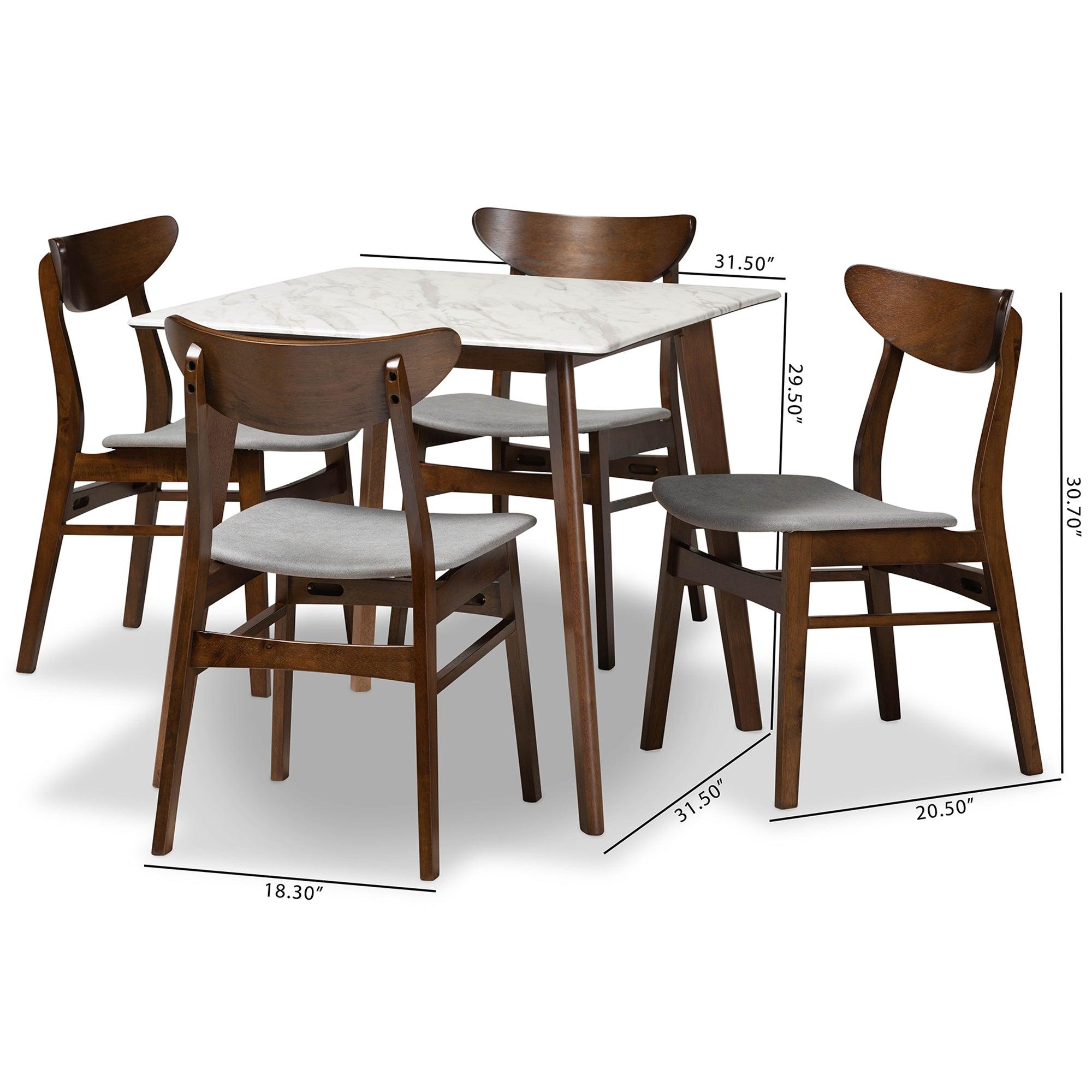Paras Mid-Century Modern Transitional Light Fabric Upholstered and Finished Wood 5-Piece Dining Set with Faux Marble Dining Table