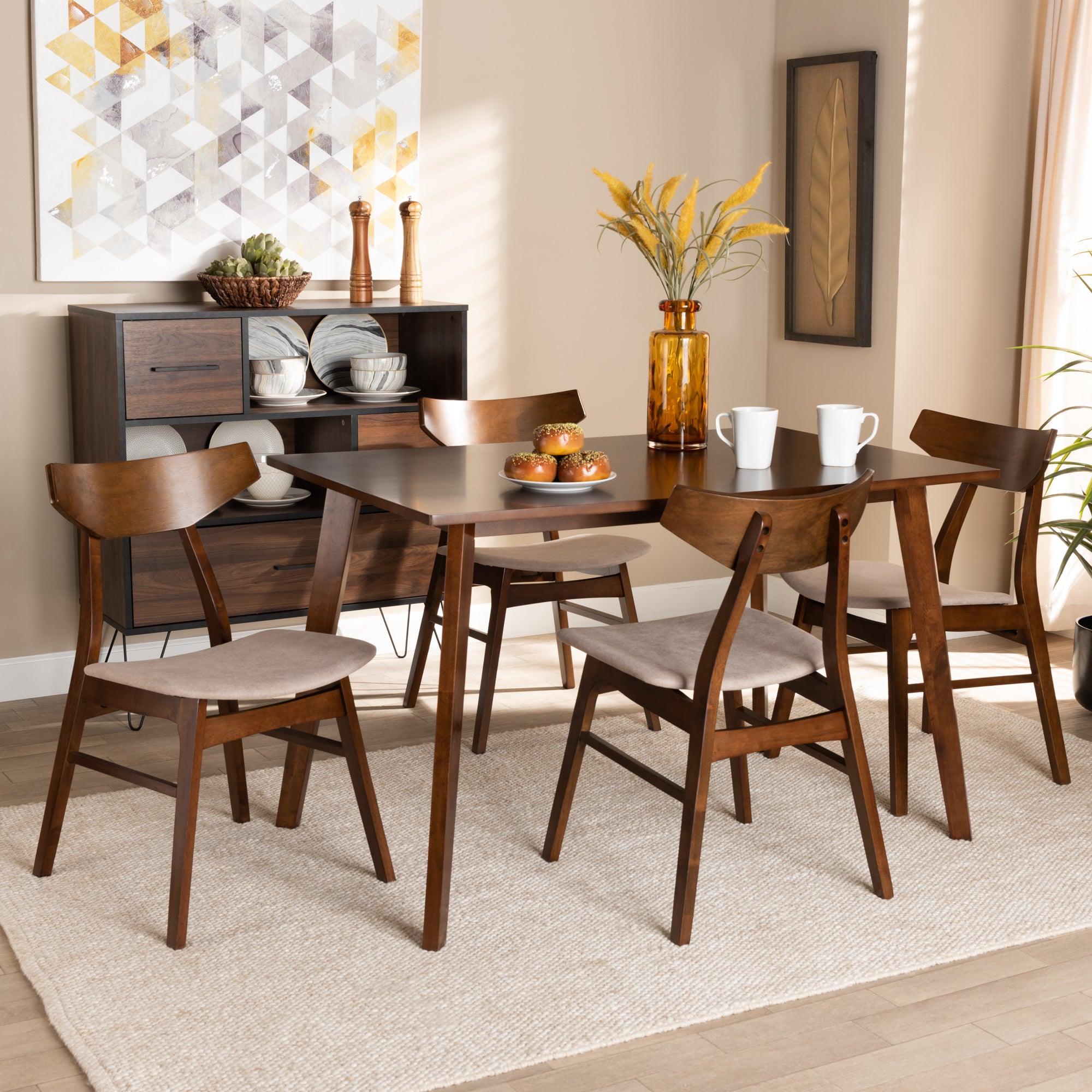 Lois Mid-Century Modern Transitional Light Fabric Upholstered and Finished Wood 5-Piece Dining Set