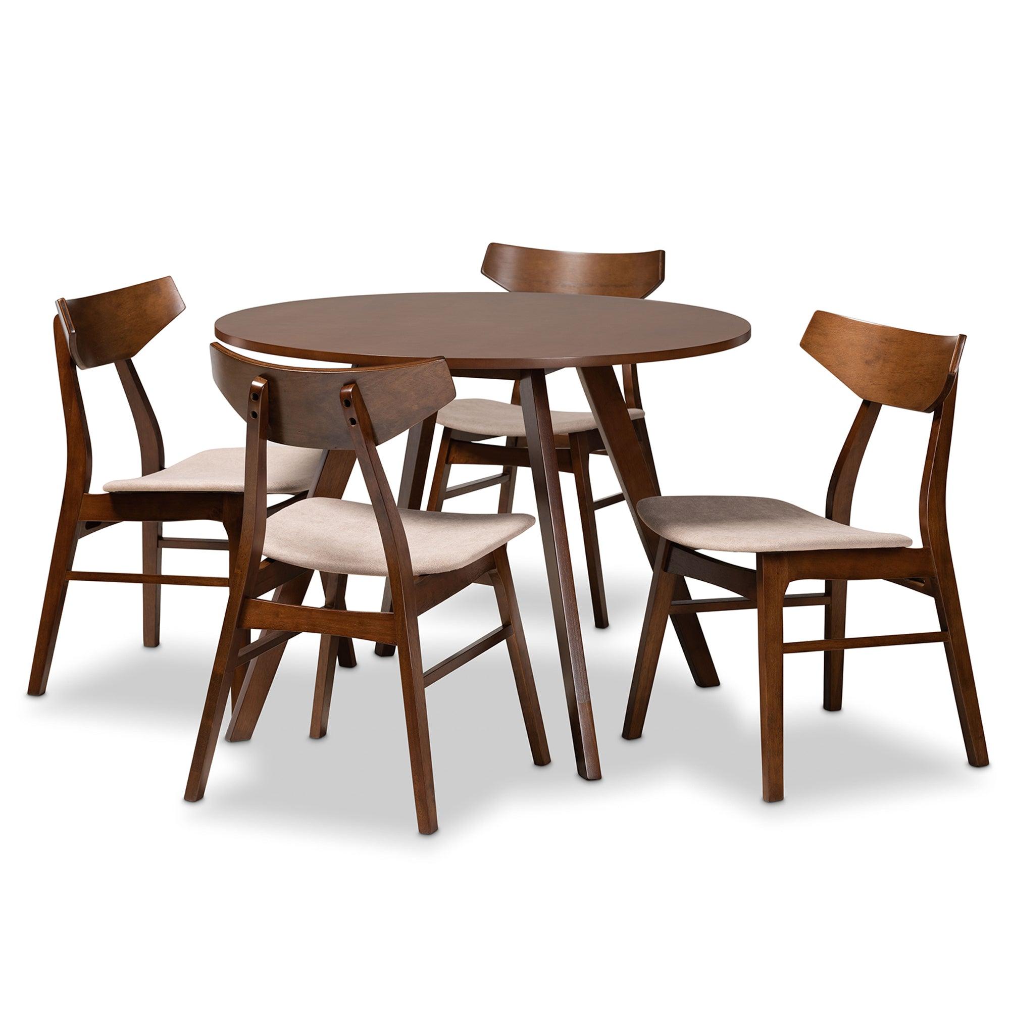 Timothy Mid-Century Modern Transitional Light Fabric Upholstered and Finished Wood 5-Piece Dining Set