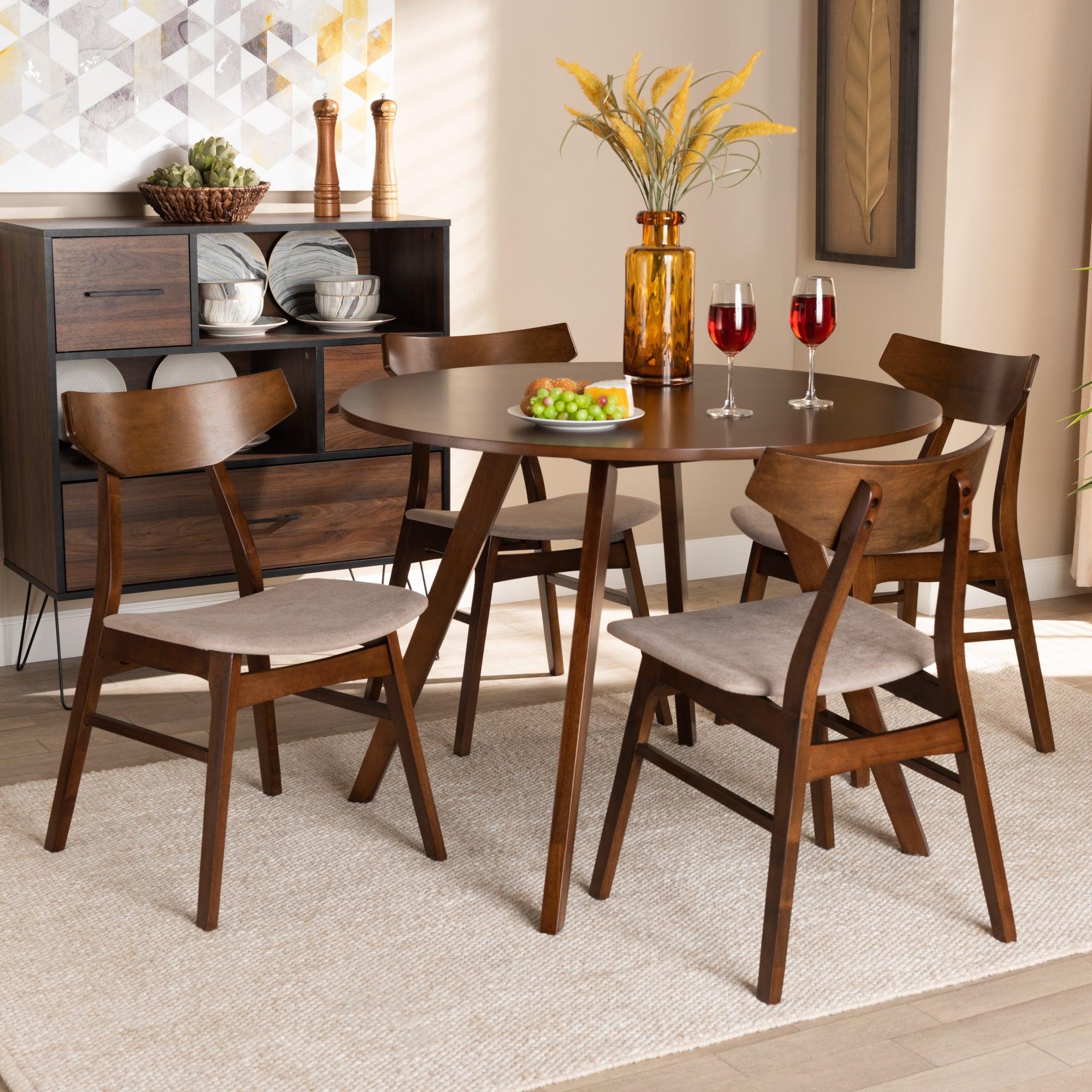 Timothy Mid-Century Modern Transitional Light Fabric Upholstered and Finished Wood 5-Piece Dining Set
