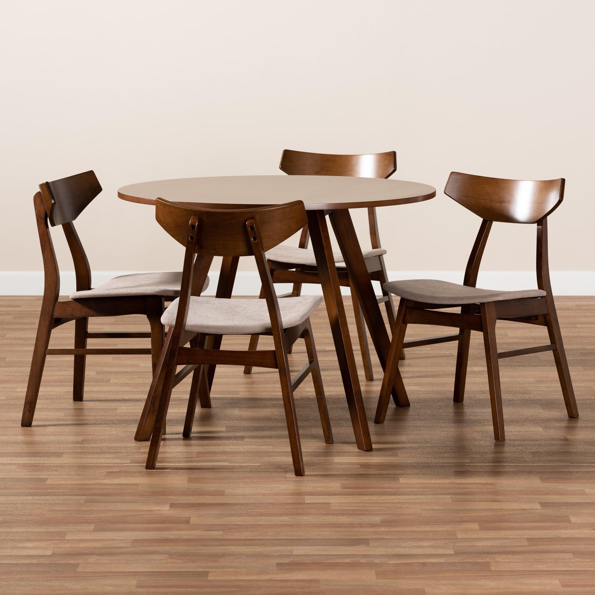 Timothy Mid-Century Modern Transitional Light Fabric Upholstered and Finished Wood 5-Piece Dining Set