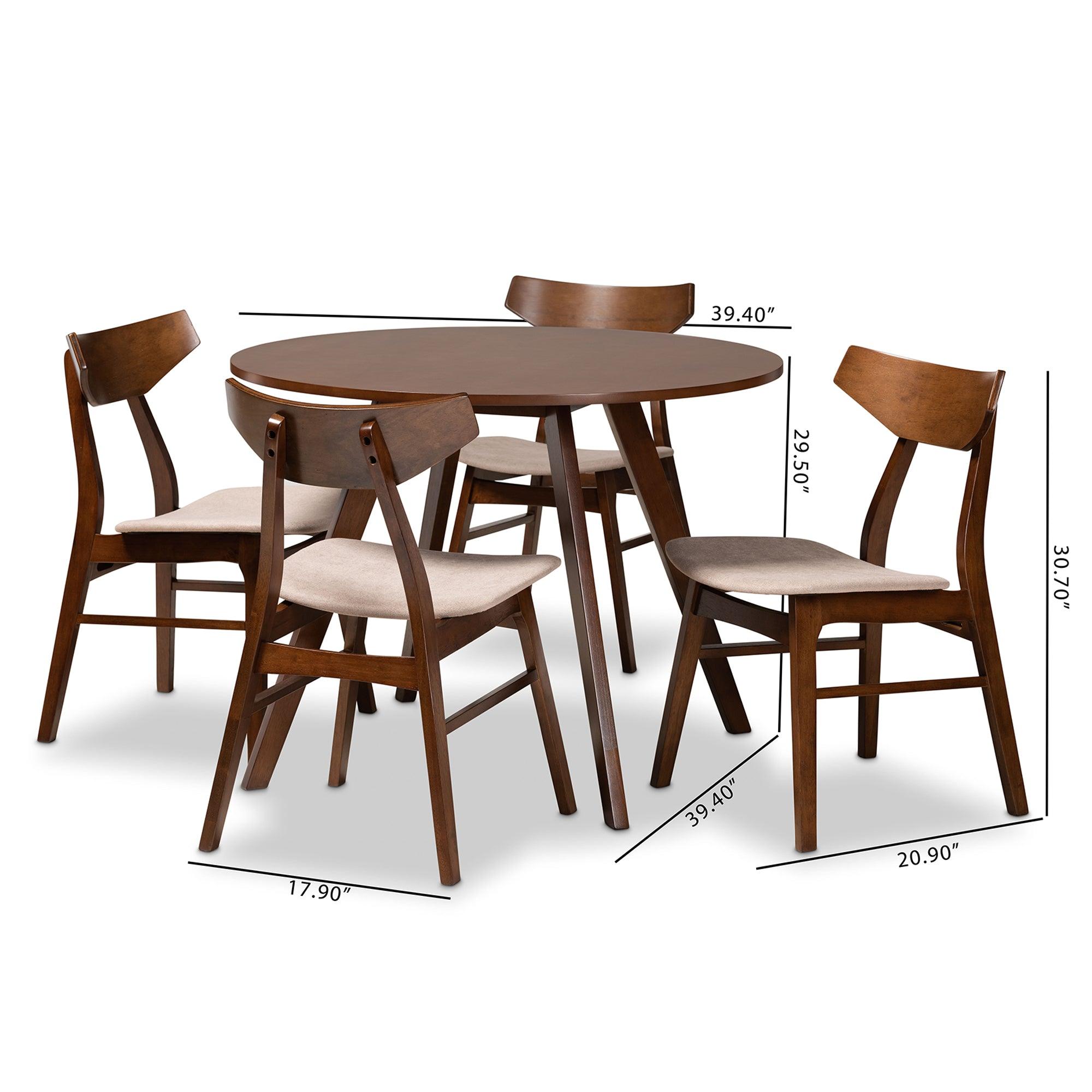 Timothy Mid-Century Modern Transitional Light Fabric Upholstered and Finished Wood 5-Piece Dining Set