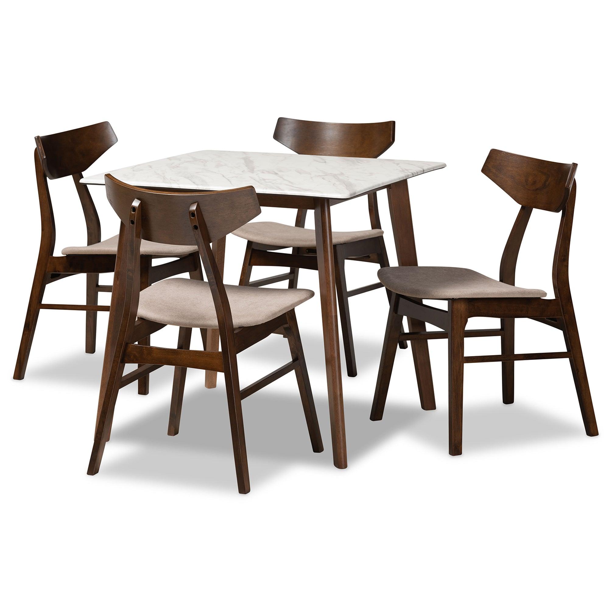 Pearson Mid-Century Modern Transitional Light Fabric Upholstered and Finished Wood 5-Piece Dining Set with Faux Marble Table
