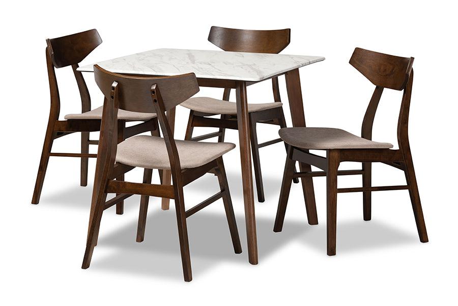 Pearson Mid-Century Modern Transitional Light Fabric Upholstered and Finished Wood 5-Piece Dining Set with Faux Marble Table