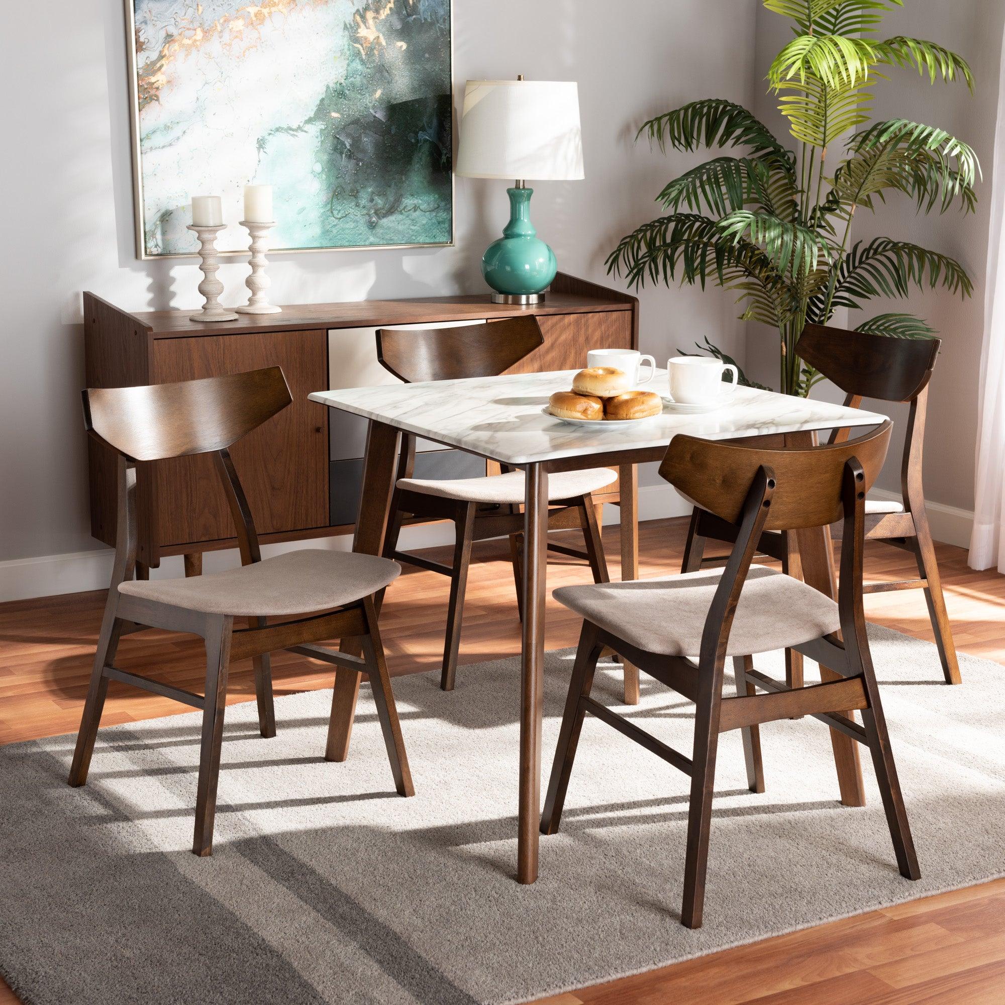 Pearson Mid-Century Modern Transitional Light Fabric Upholstered and Finished Wood 5-Piece Dining Set with Faux Marble Table