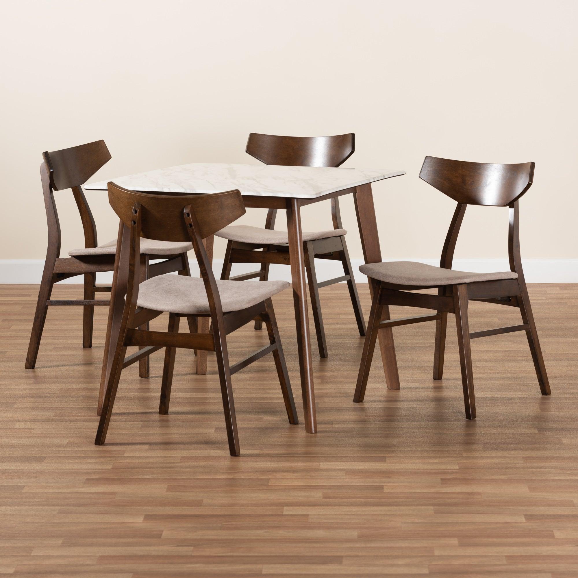 Pearson Mid-Century Modern Transitional Light Fabric Upholstered and Finished Wood 5-Piece Dining Set with Faux Marble Table