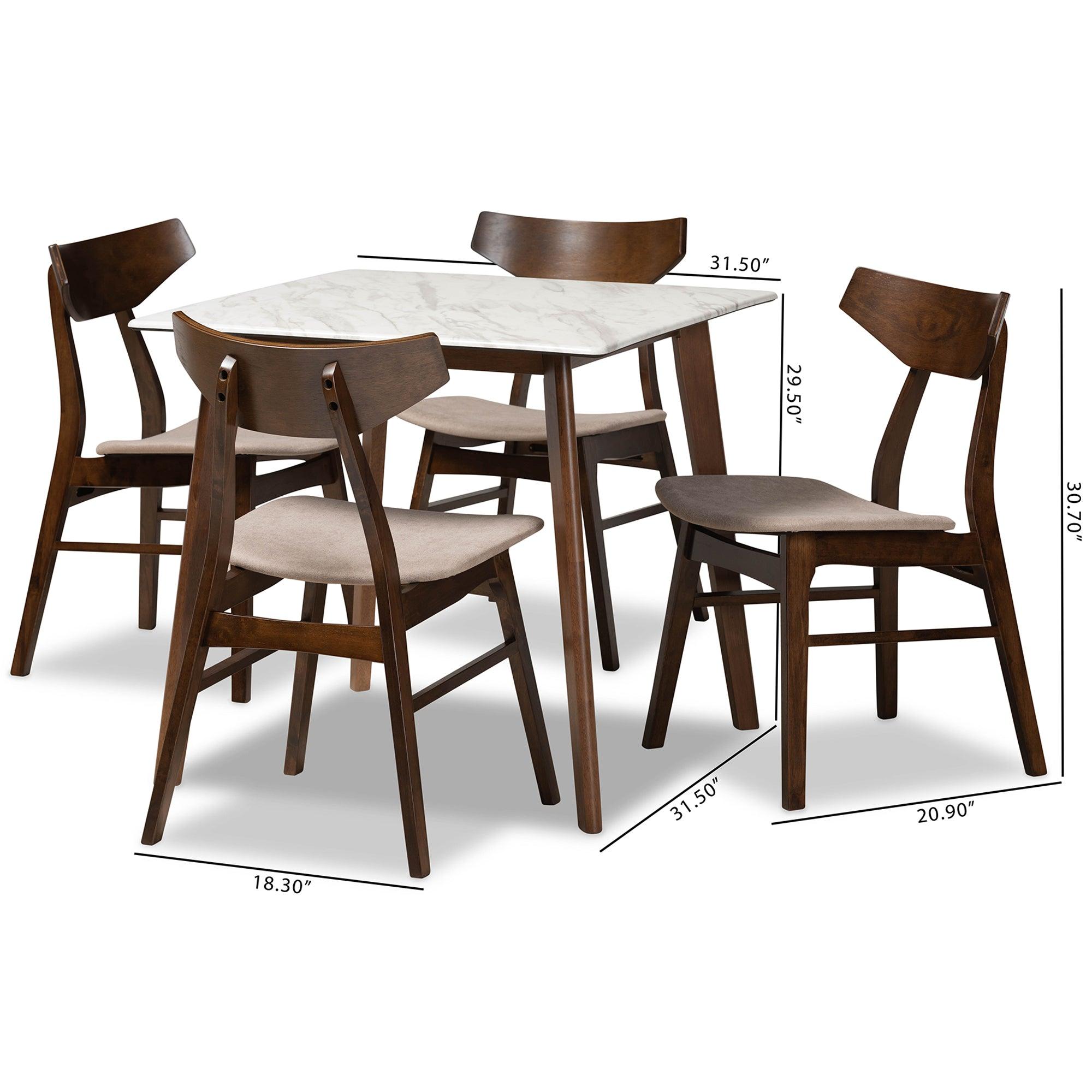 Pearson Mid-Century Modern Transitional Light Fabric Upholstered and Finished Wood 5-Piece Dining Set with Faux Marble Table