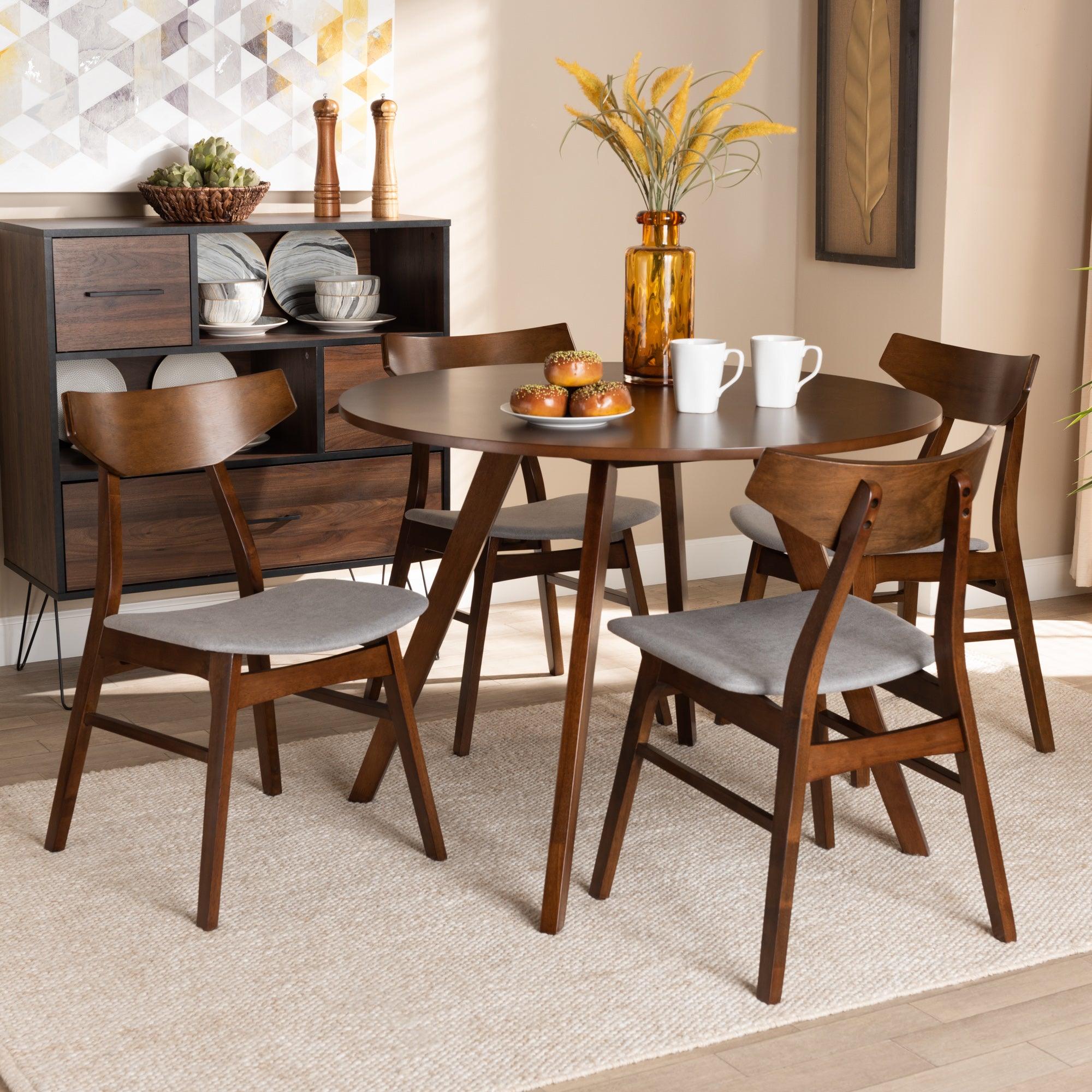 Timothy Mid-Century Modern Transitional Light Fabric Upholstered and Finished Wood 5-Piece Dining Set