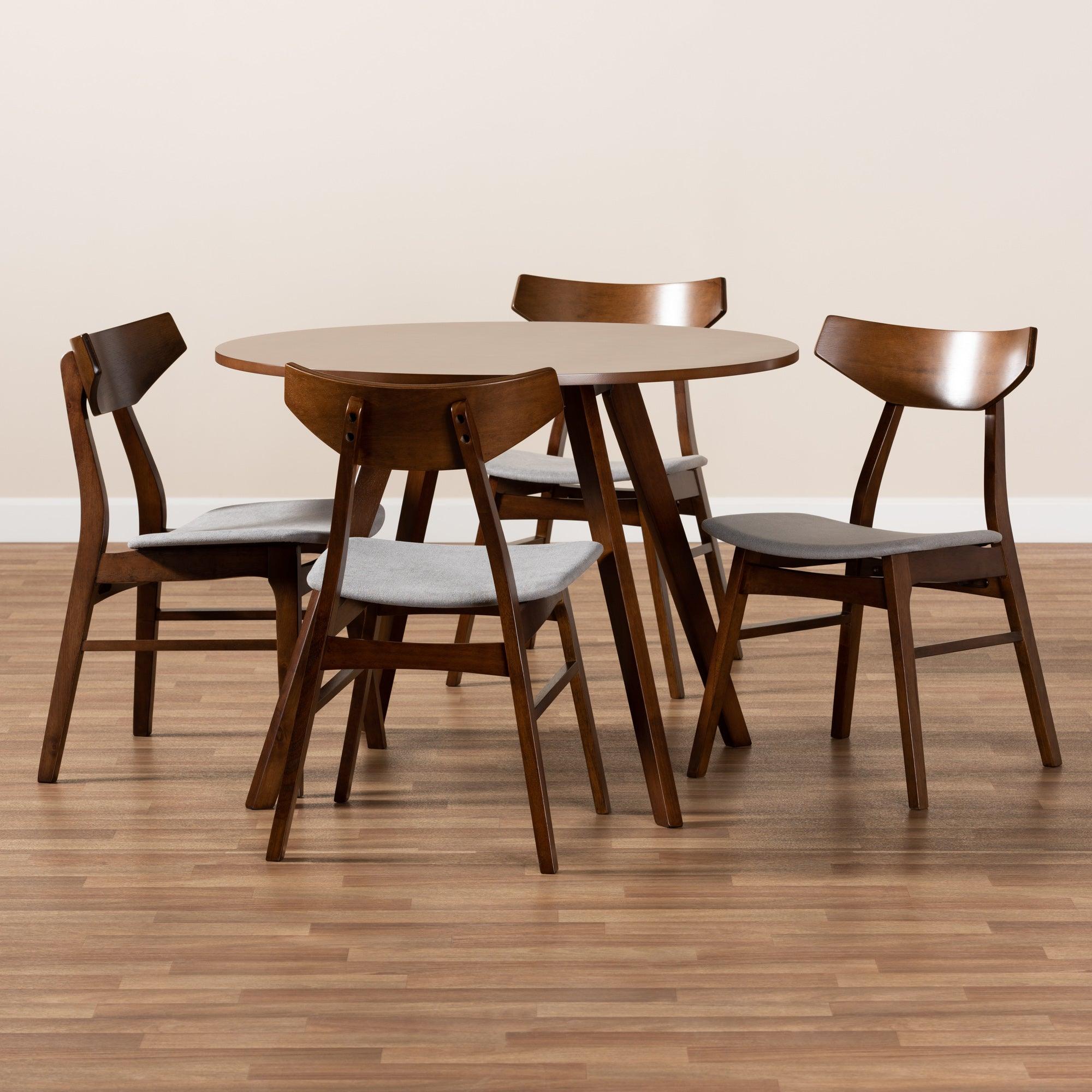 Timothy Mid-Century Modern Transitional Light Fabric Upholstered and Finished Wood 5-Piece Dining Set