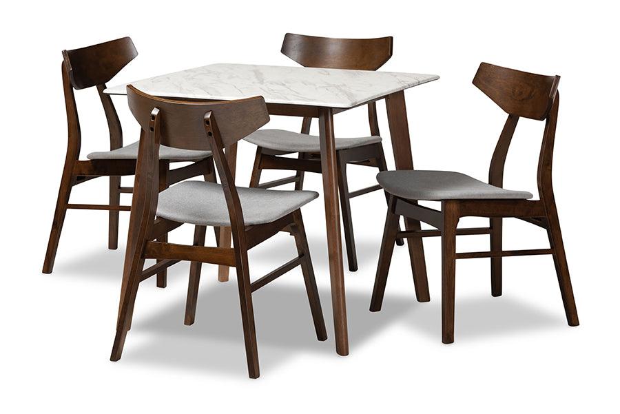 Pearson Mid-Century Modern Transitional Light Fabric Upholstered and Finished Wood 5-Piece Dining Set with Faux Marble Table