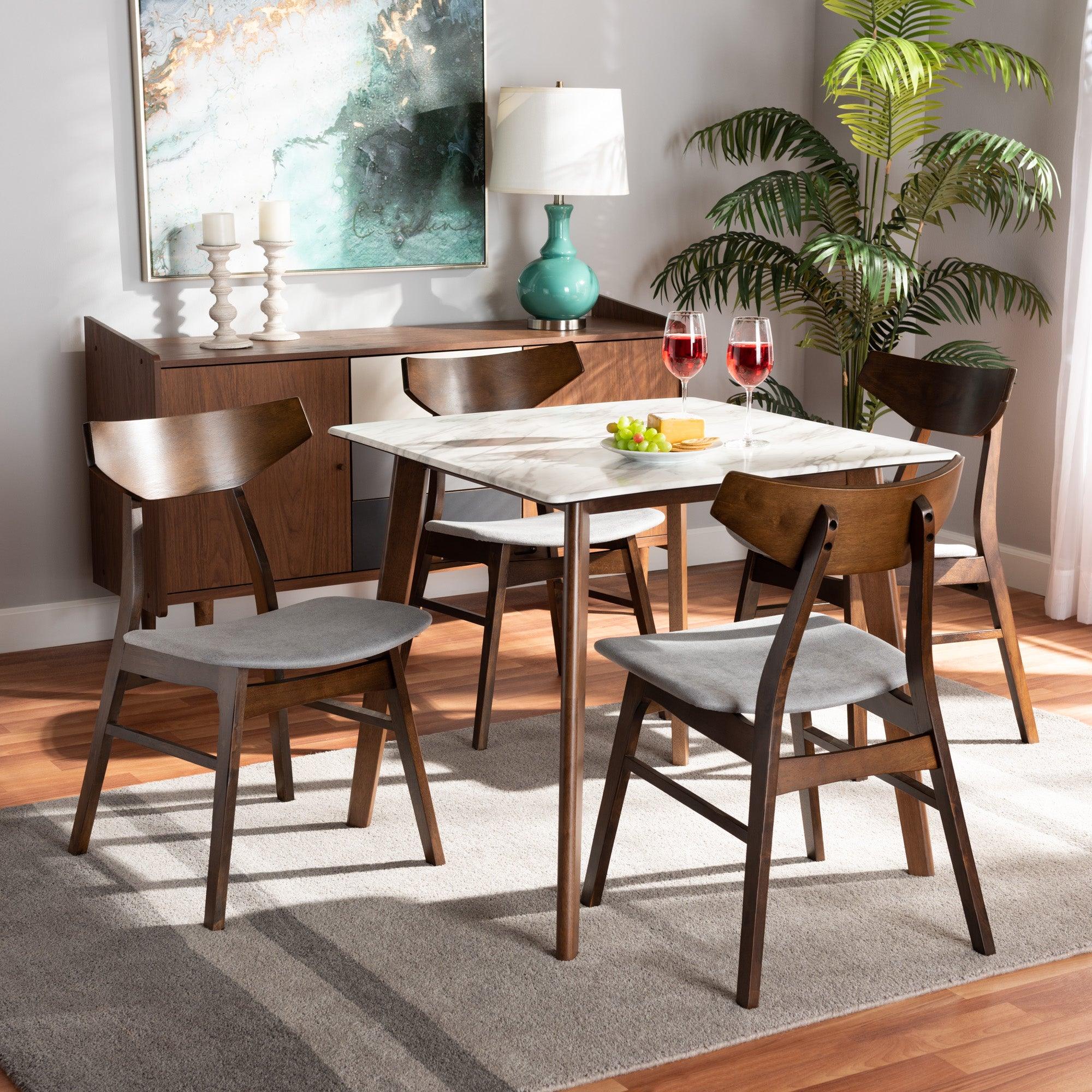 Pearson Mid-Century Modern Transitional Light Fabric Upholstered and Finished Wood 5-Piece Dining Set with Faux Marble Table