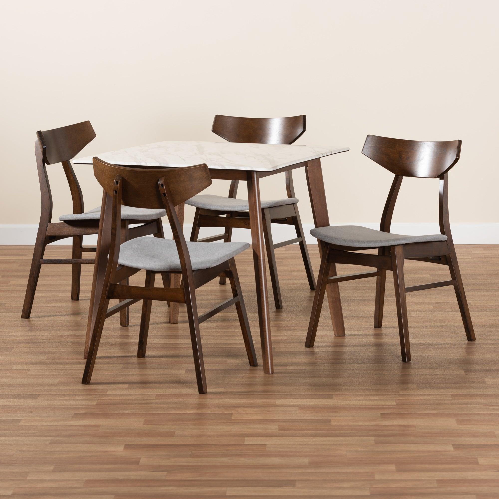 Pearson Mid-Century Modern Transitional Light Fabric Upholstered and Finished Wood 5-Piece Dining Set with Faux Marble Table