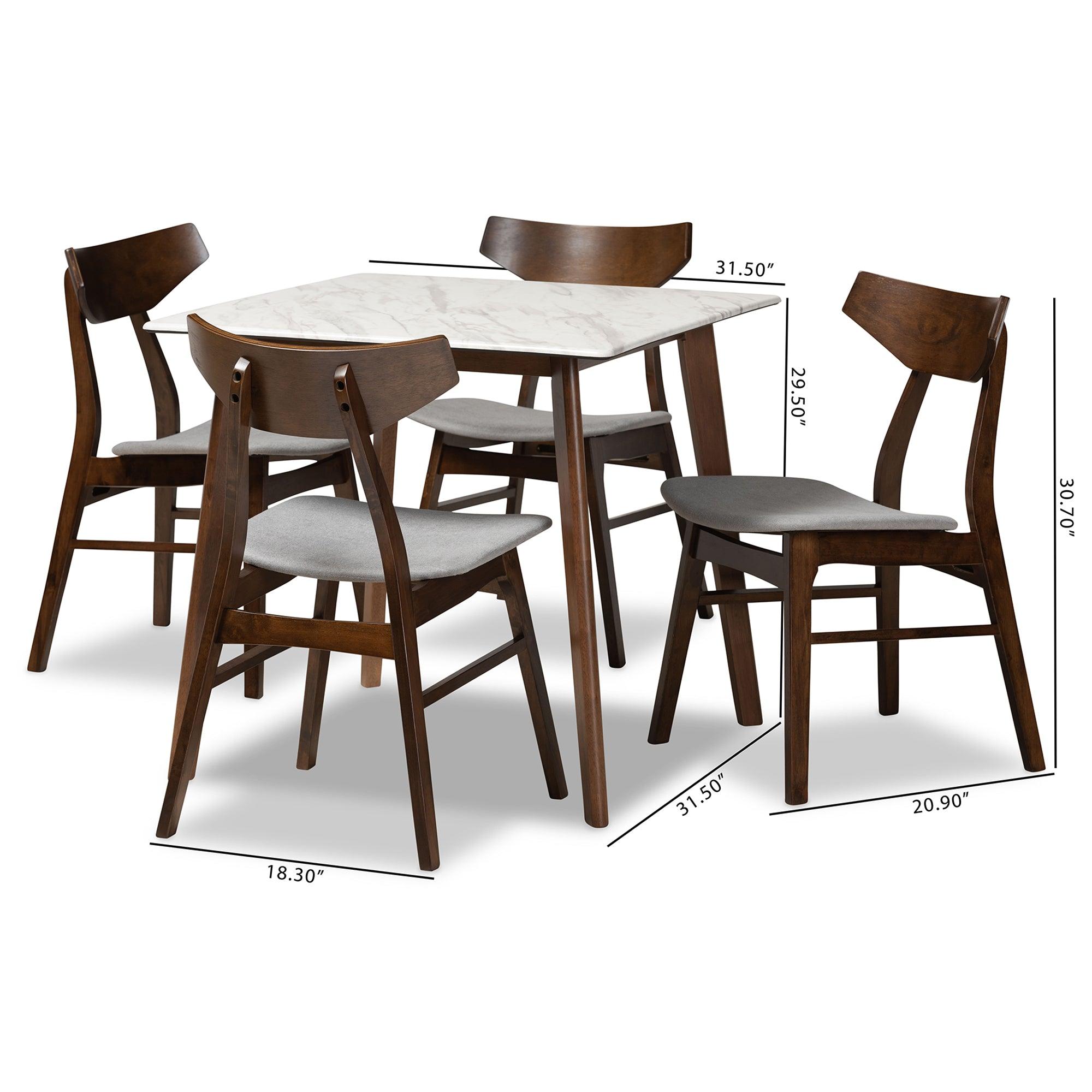 Pearson Mid-Century Modern Transitional Light Fabric Upholstered and Finished Wood 5-Piece Dining Set with Faux Marble Table