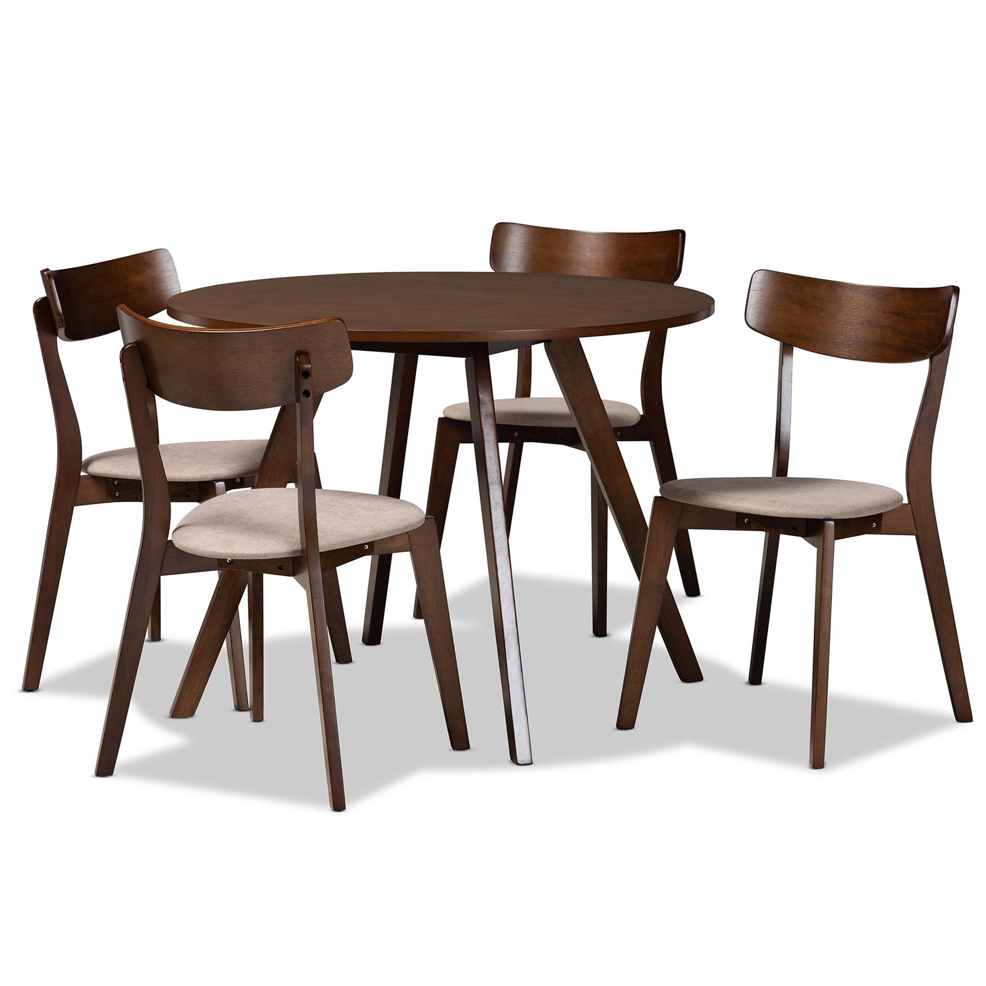 Rika Mid-Century Modern Transitional Light Fabric Upholstered and Finished Wood 5-Piece Dining Set