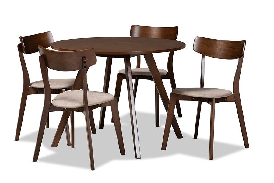 Rika Mid-Century Modern Transitional Light Fabric Upholstered and Finished Wood 5-Piece Dining Set