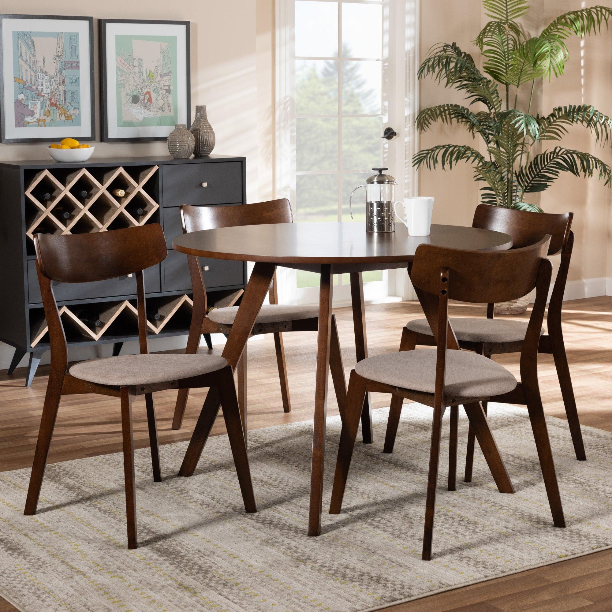Rika Mid-Century Modern Transitional Light Fabric Upholstered and Finished Wood 5-Piece Dining Set
