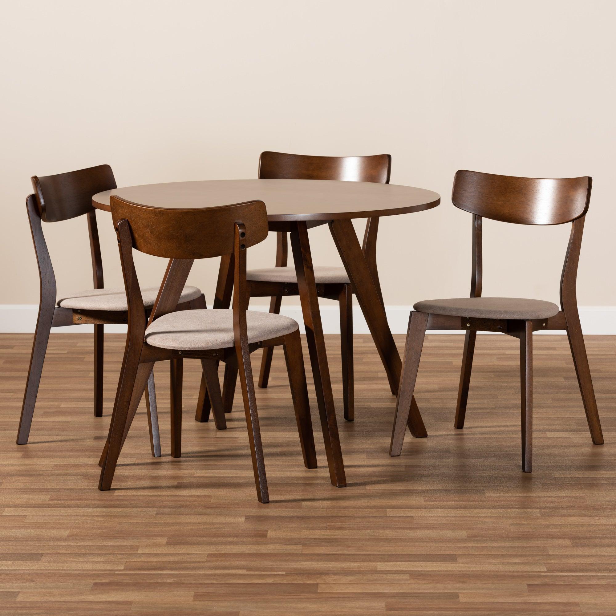Rika Mid-Century Modern Transitional Light Fabric Upholstered and Finished Wood 5-Piece Dining Set