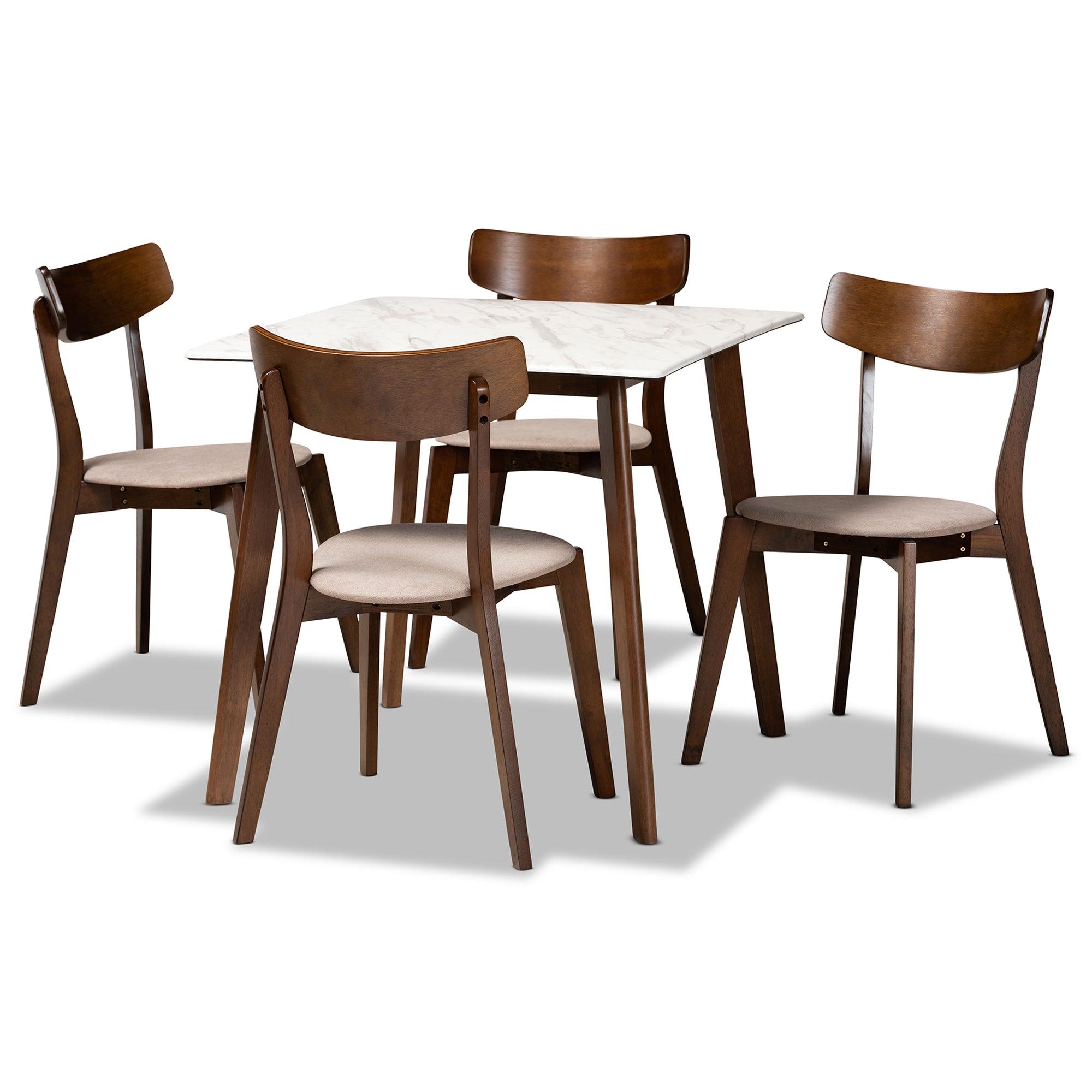 Reba Mid-Century Modern Light Fabric Upholstered and Finished Wood 5-Piece Dining Set with Faux Marble Dining Table