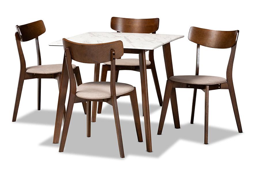 Reba Mid-Century Modern Light Fabric Upholstered and Finished Wood 5-Piece Dining Set with Faux Marble Dining Table