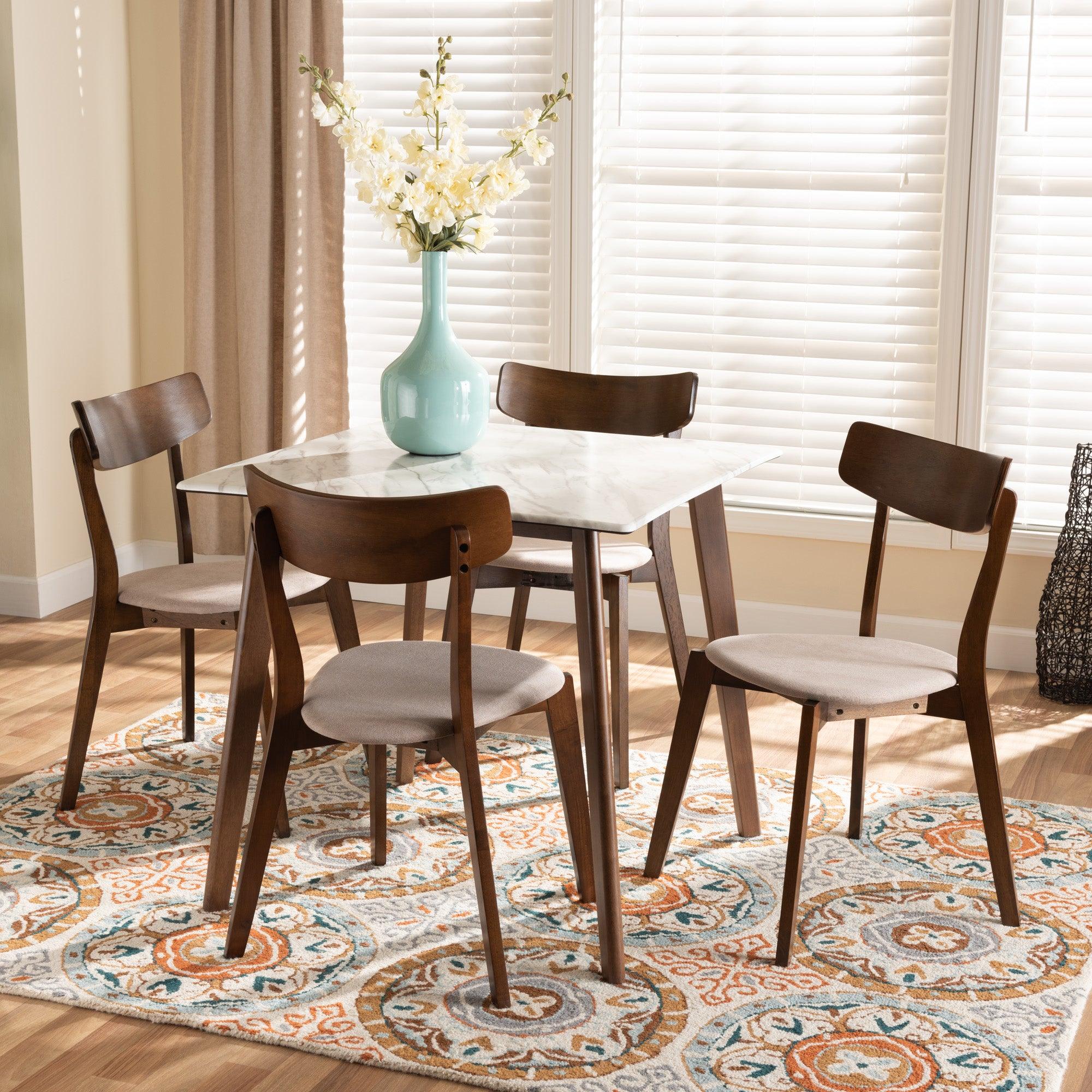 Reba Mid-Century Modern Light Fabric Upholstered and Finished Wood 5-Piece Dining Set with Faux Marble Dining Table