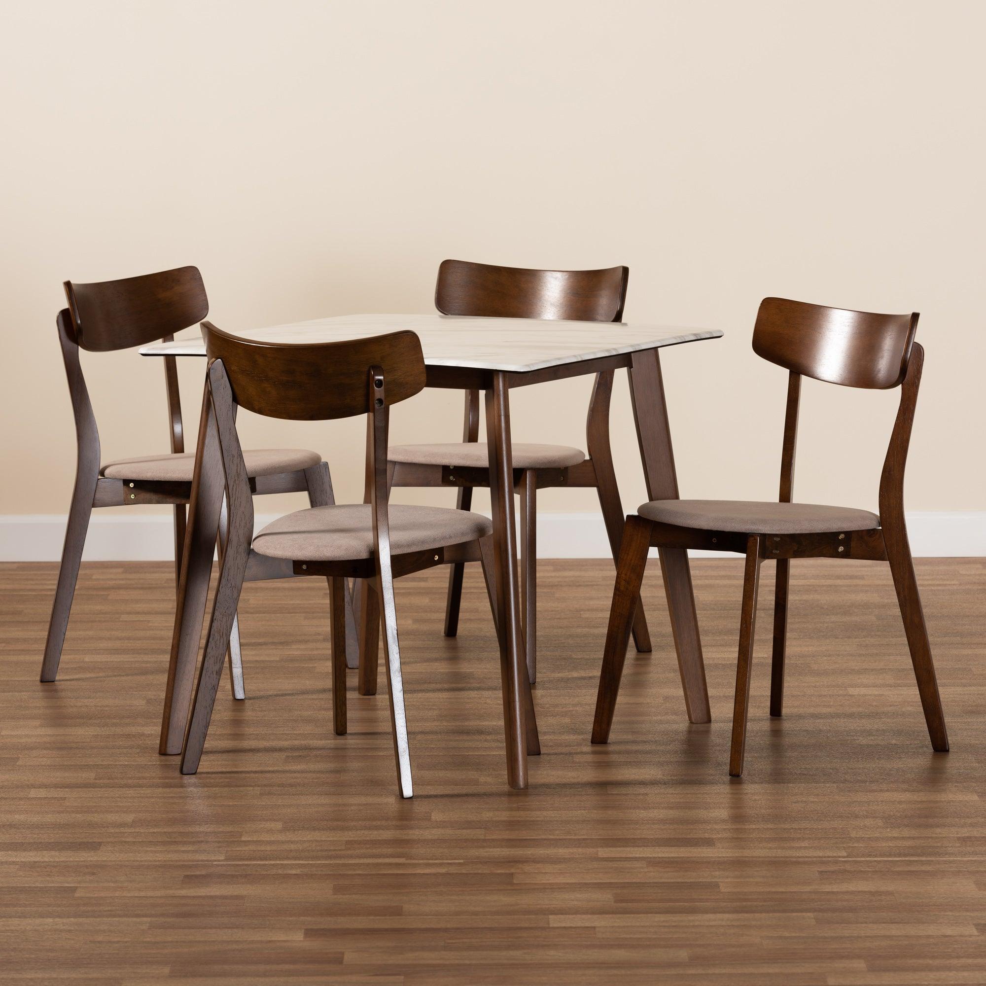 Reba Mid-Century Modern Light Fabric Upholstered and Finished Wood 5-Piece Dining Set with Faux Marble Dining Table