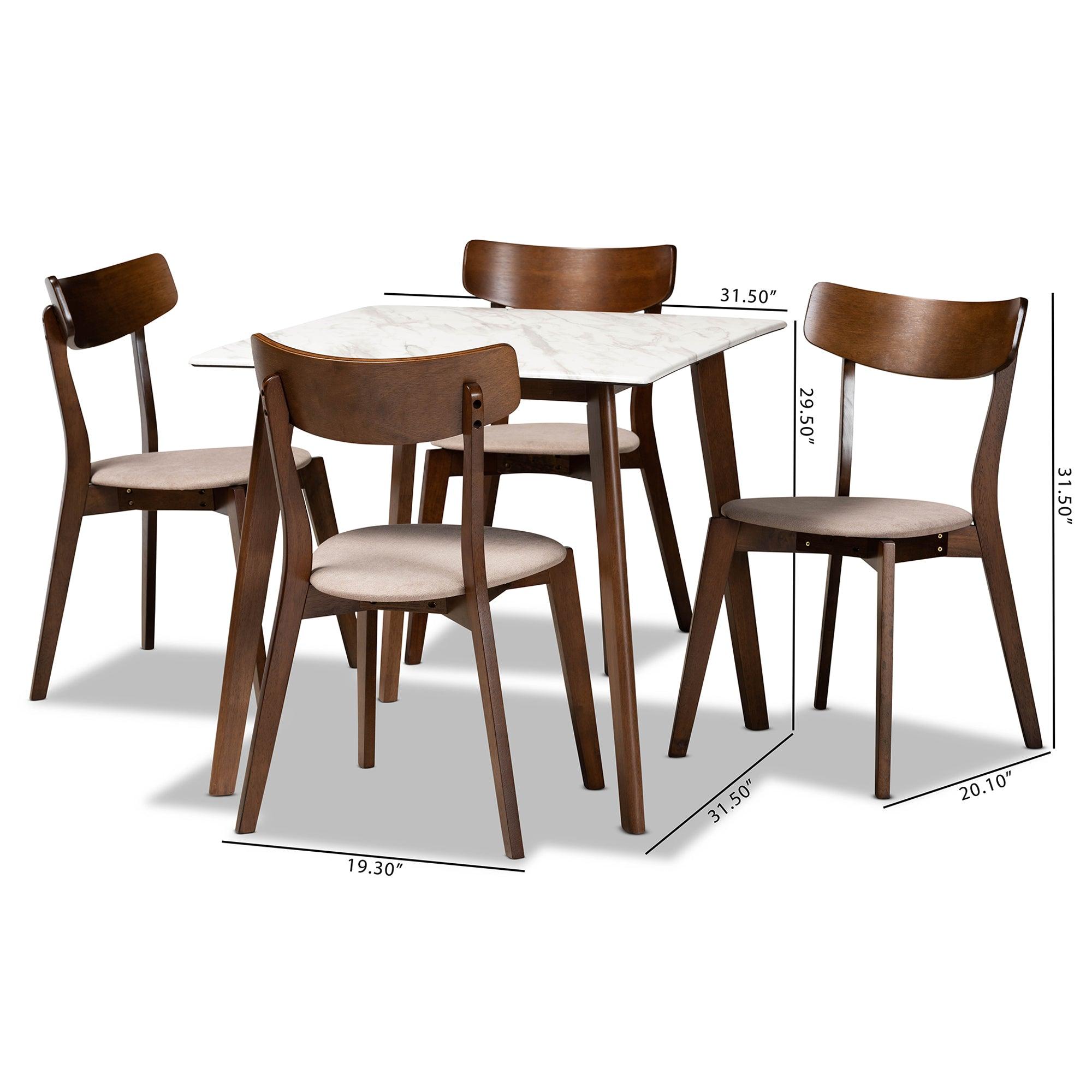 Reba Mid-Century Modern Light Fabric Upholstered and Finished Wood 5-Piece Dining Set with Faux Marble Dining Table