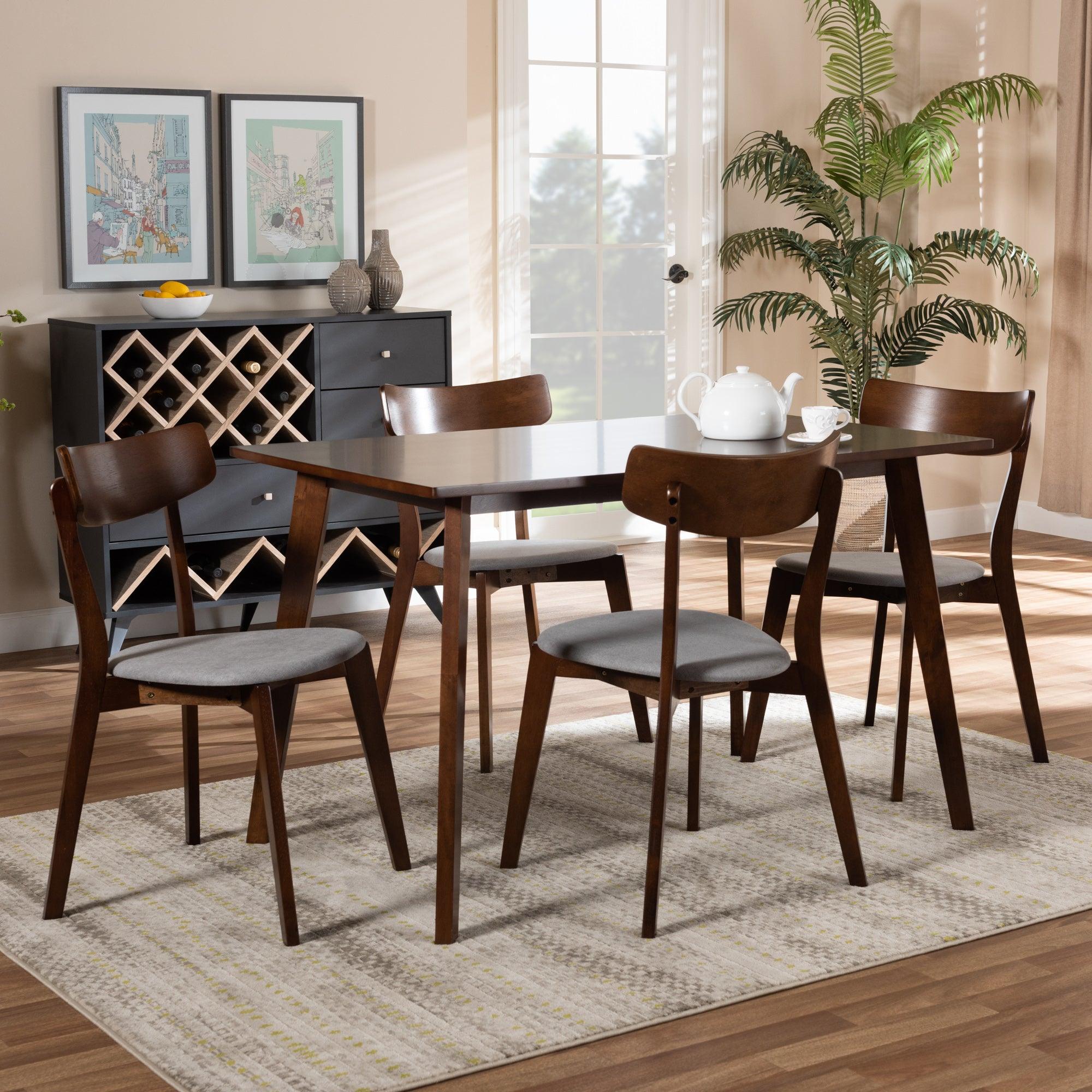 Nori Mid-Century Modern Transitional Light Fabric Upholstered and Finished Wood 5-Piece Dining Set
