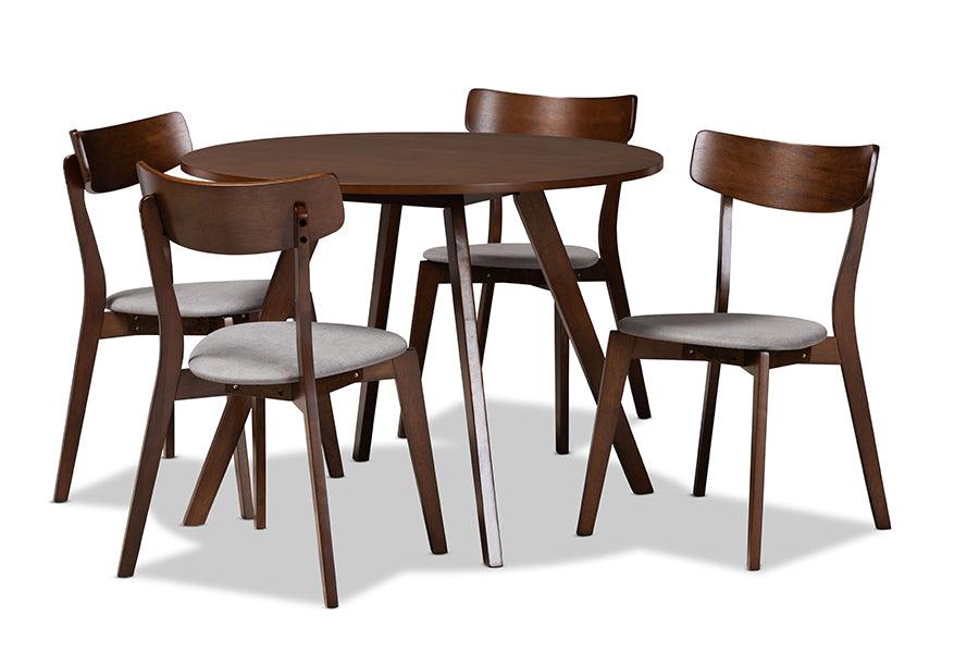 Rika Mid-Century Modern Transitional Light Fabric Upholstered and Finished Wood 5-Piece Dining Set