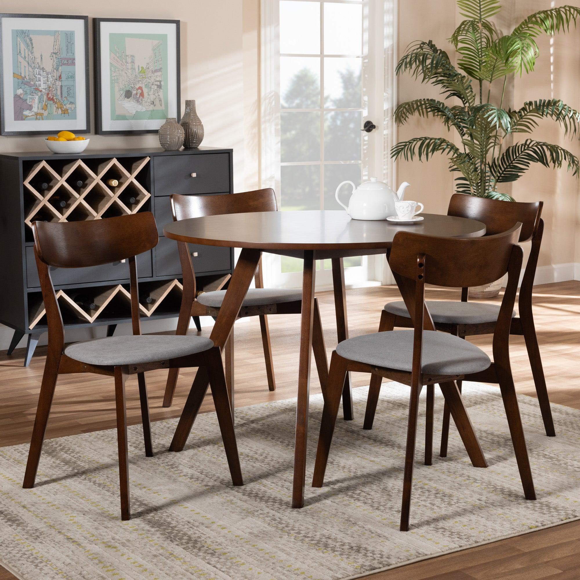 Rika Mid-Century Modern Transitional Light Fabric Upholstered and Finished Wood 5-Piece Dining Set