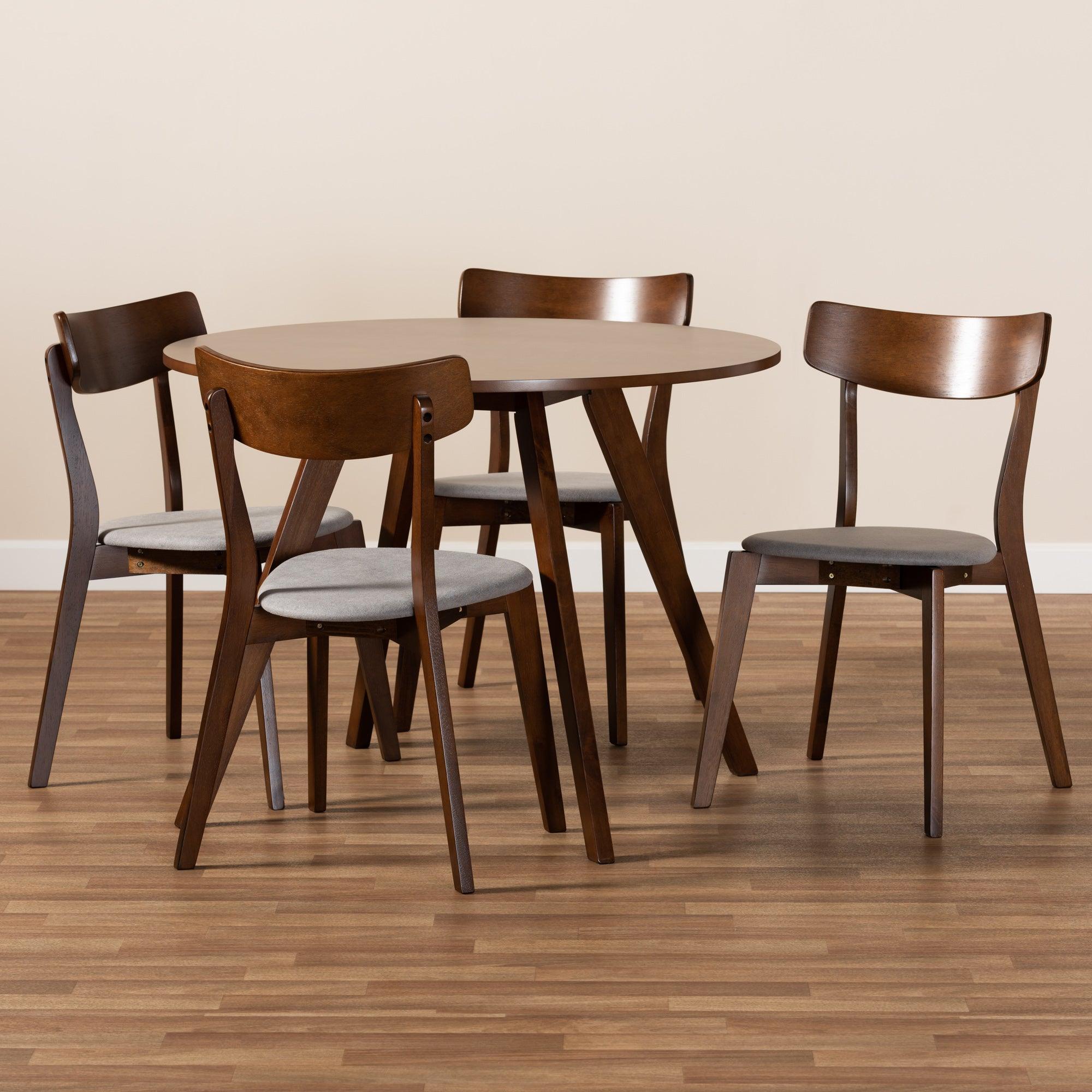 Rika Mid-Century Modern Transitional Light Fabric Upholstered and Finished Wood 5-Piece Dining Set