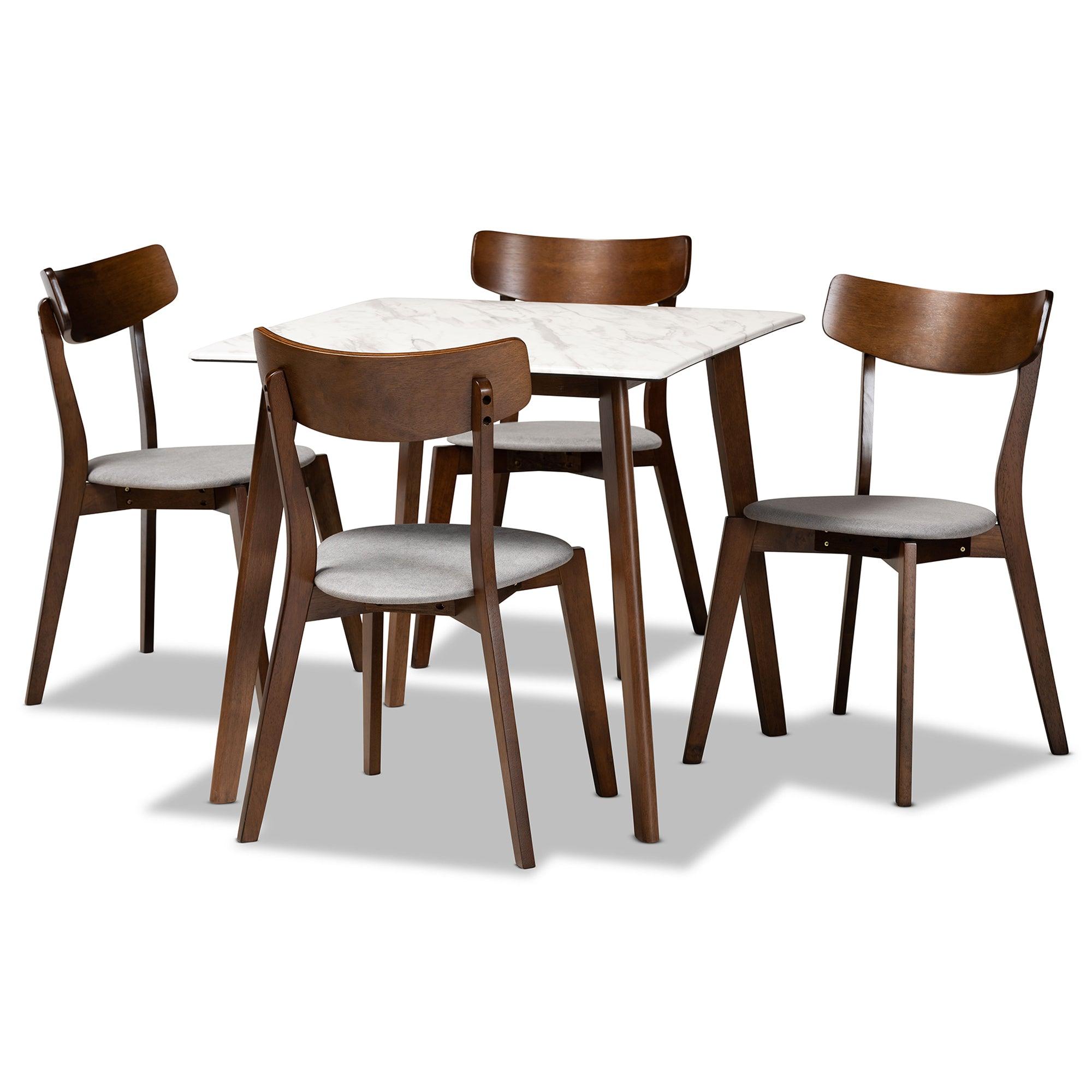 Reba Mid-Century Modern Light Fabric Upholstered and Finished Wood 5-Piece Dining Set with Faux Marble Dining Table