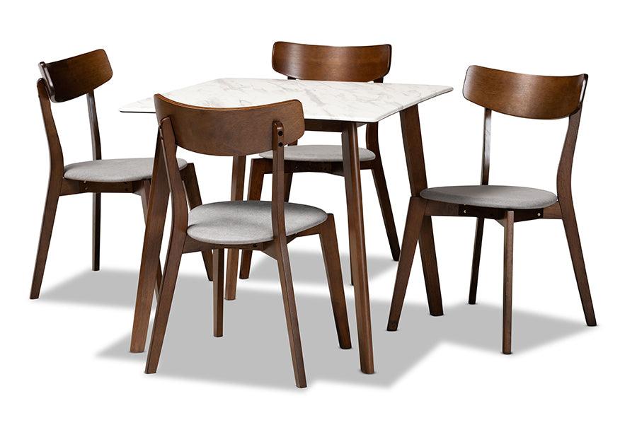 Reba Mid-Century Modern Light Fabric Upholstered and Finished Wood 5-Piece Dining Set with Faux Marble Dining Table