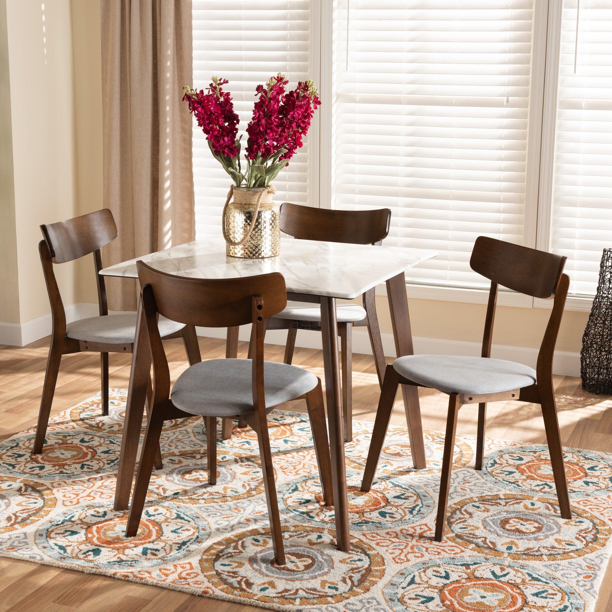 Reba Mid-Century Modern Light Fabric Upholstered and Finished Wood 5-Piece Dining Set with Faux Marble Dining Table