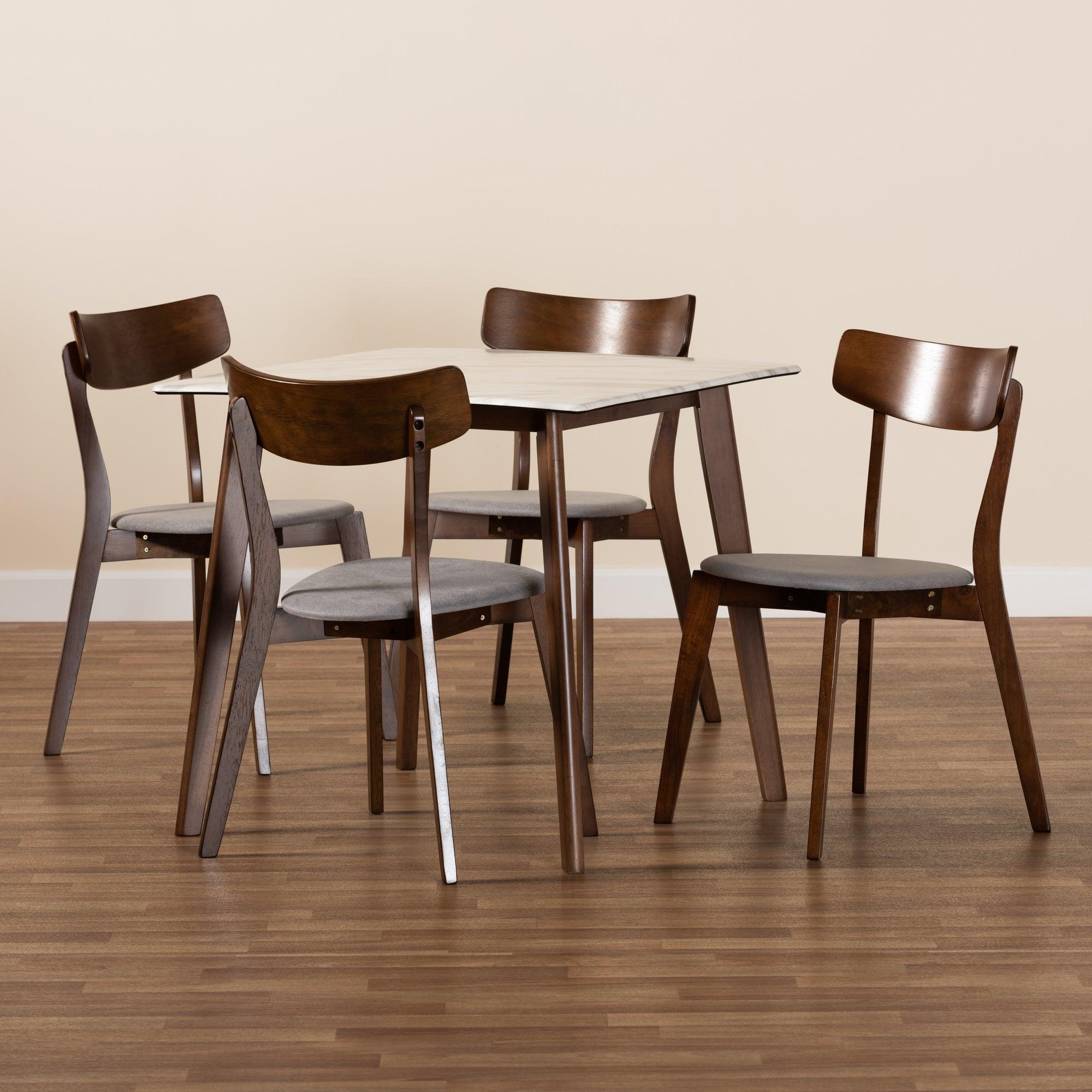 Reba Mid-Century Modern Light Fabric Upholstered and Finished Wood 5-Piece Dining Set with Faux Marble Dining Table