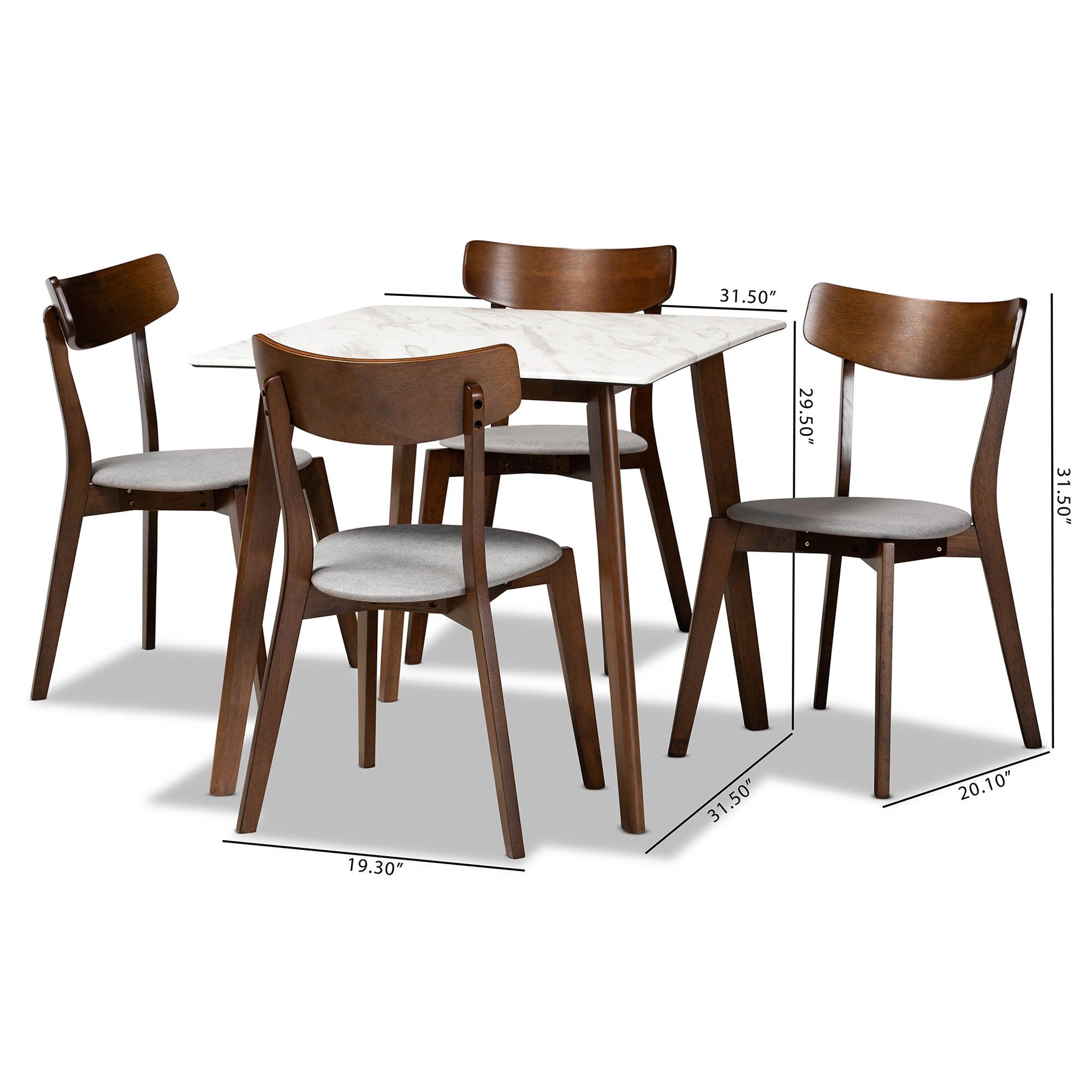 Reba Mid-Century Modern Light Fabric Upholstered and Finished Wood 5-Piece Dining Set with Faux Marble Dining Table