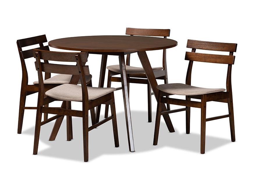Eiko Mid-Century Modern Transitional Light Fabric Upholstered and Finished Wood 5-Piece Dining Set