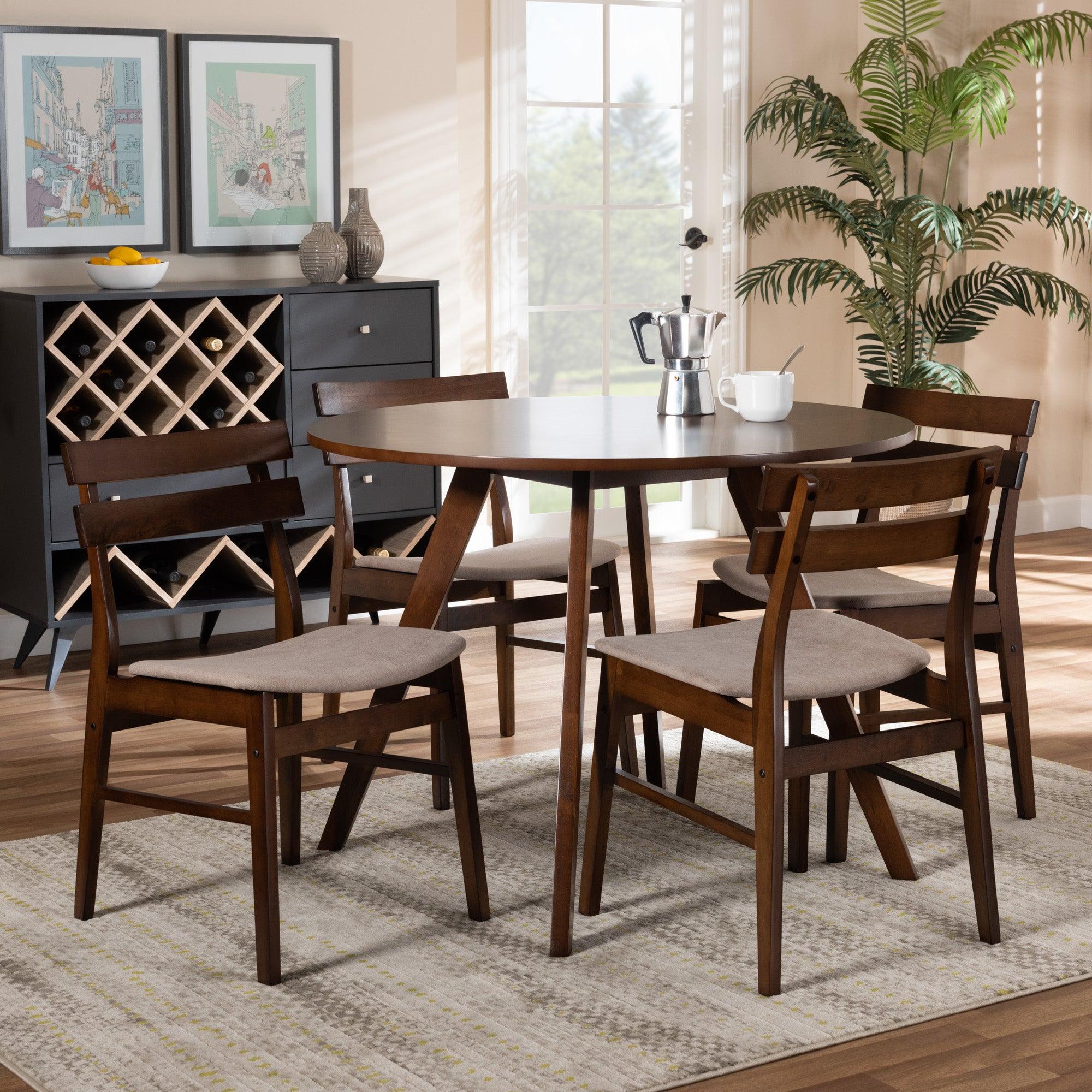 Eiko Mid-Century Modern Transitional Light Fabric Upholstered and Finished Wood 5-Piece Dining Set
