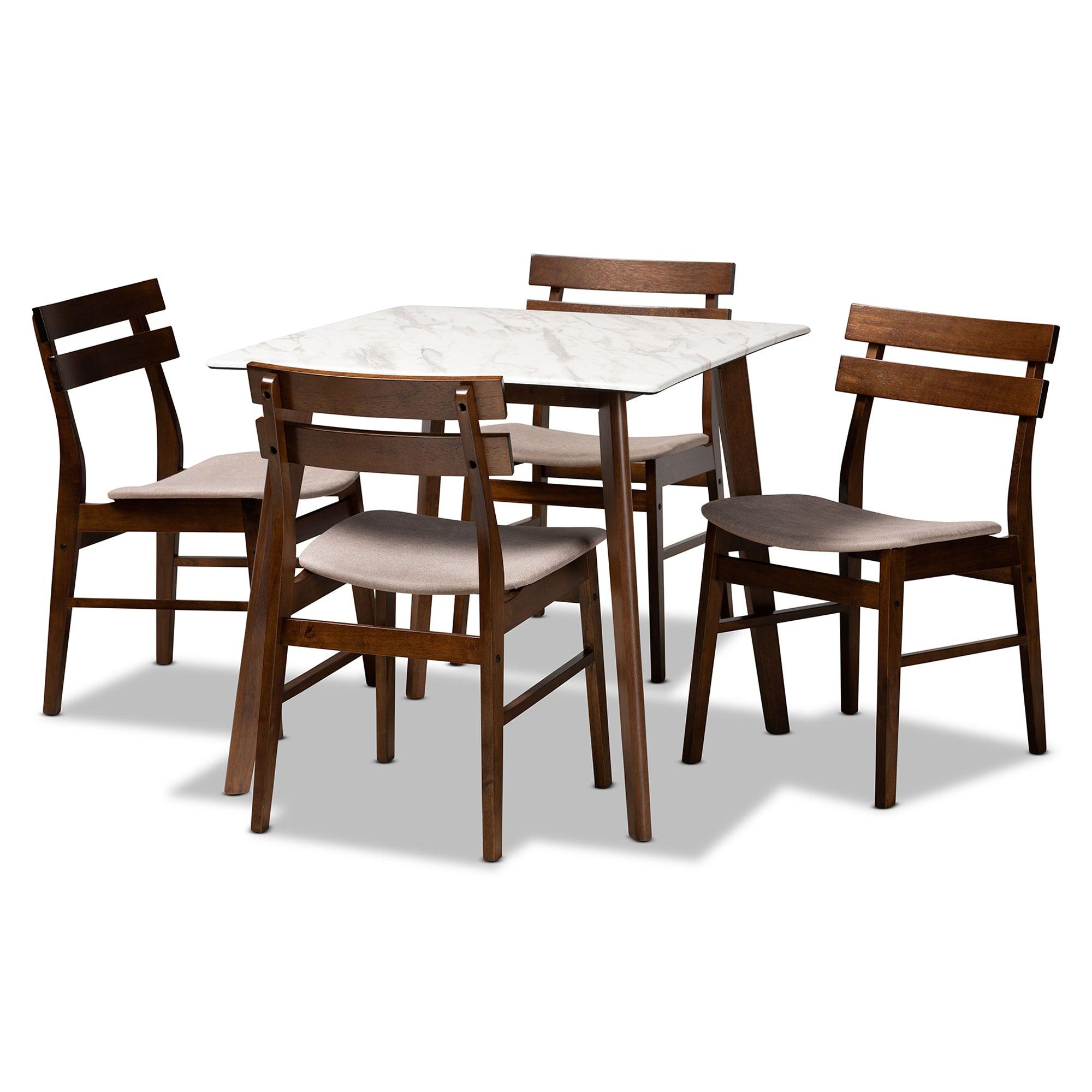 Richmond Mid-Century Modern Light Fabric Upholstered and Finished Wood 5-Piece Dining Set with Faux Marble Dining Table