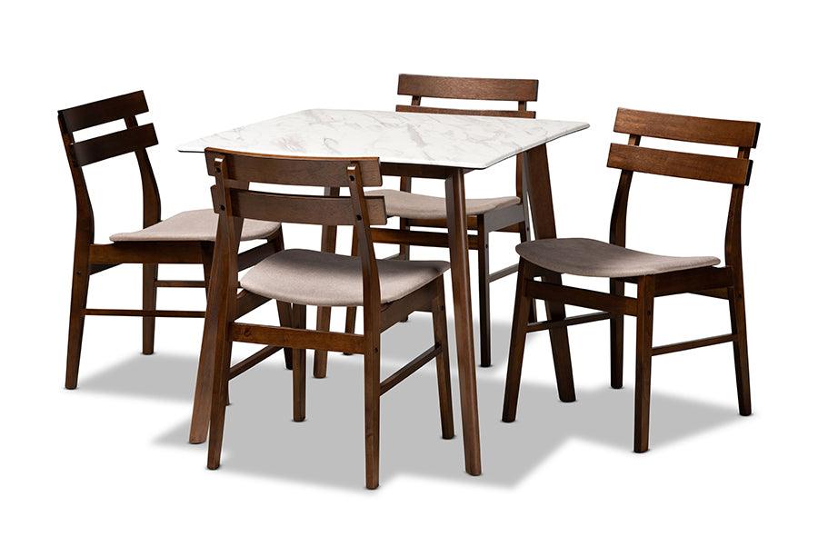 Richmond Mid-Century Modern Light Fabric Upholstered and Finished Wood 5-Piece Dining Set with Faux Marble Dining Table