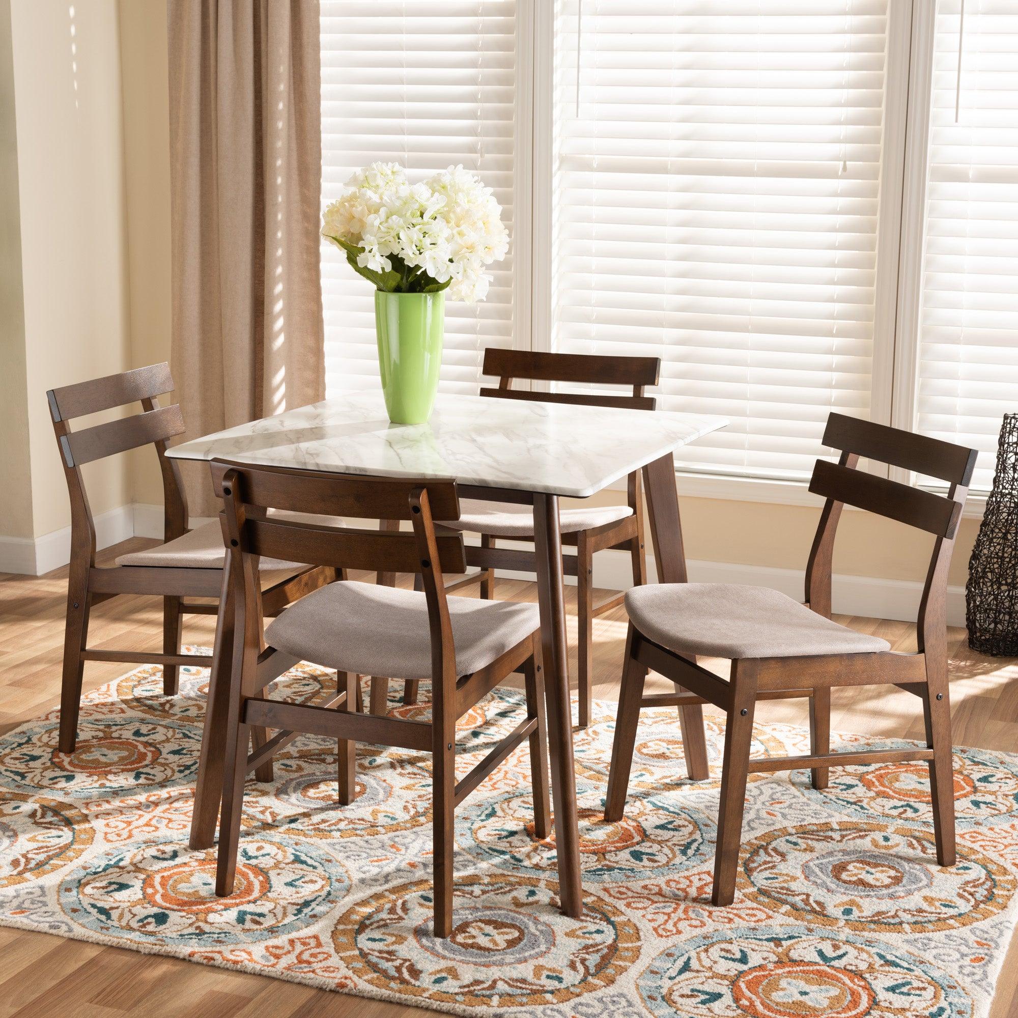 Richmond Mid-Century Modern Light Fabric Upholstered and Finished Wood 5-Piece Dining Set with Faux Marble Dining Table