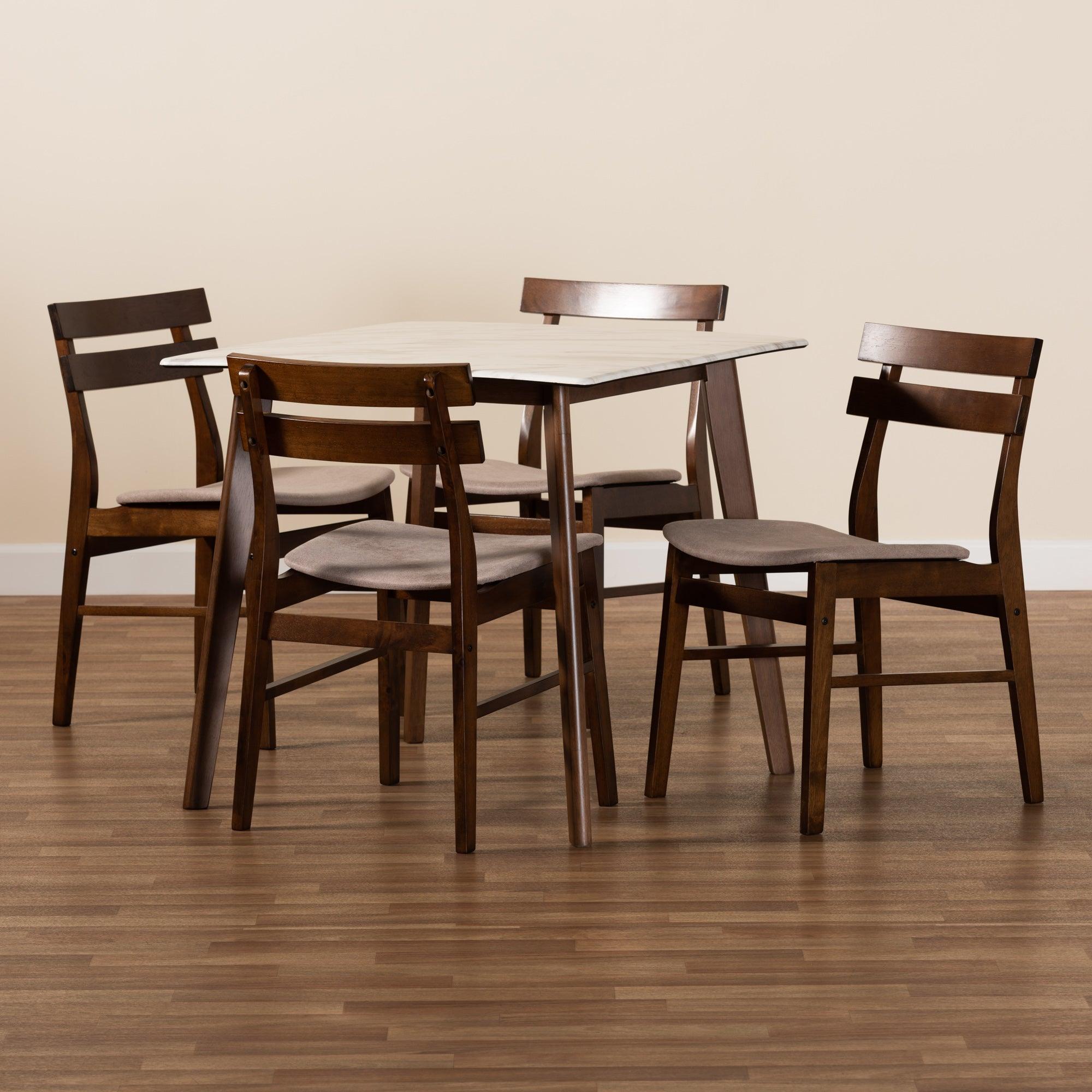 Richmond Mid-Century Modern Light Fabric Upholstered and Finished Wood 5-Piece Dining Set with Faux Marble Dining Table