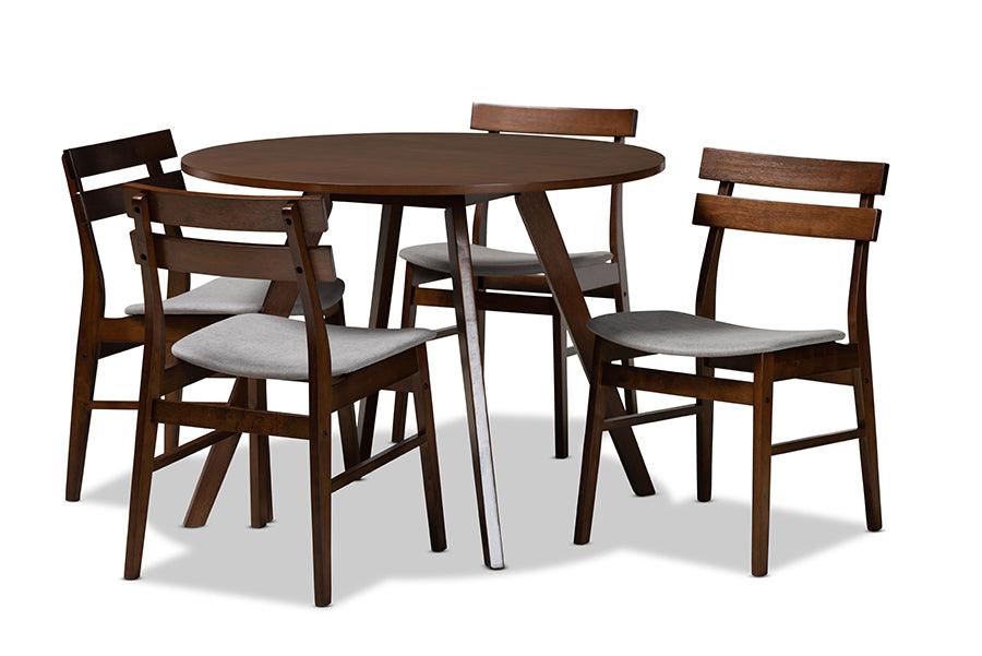 Eiko Mid-Century Modern Transitional Light Fabric Upholstered and Finished Wood 5-Piece Dining Set