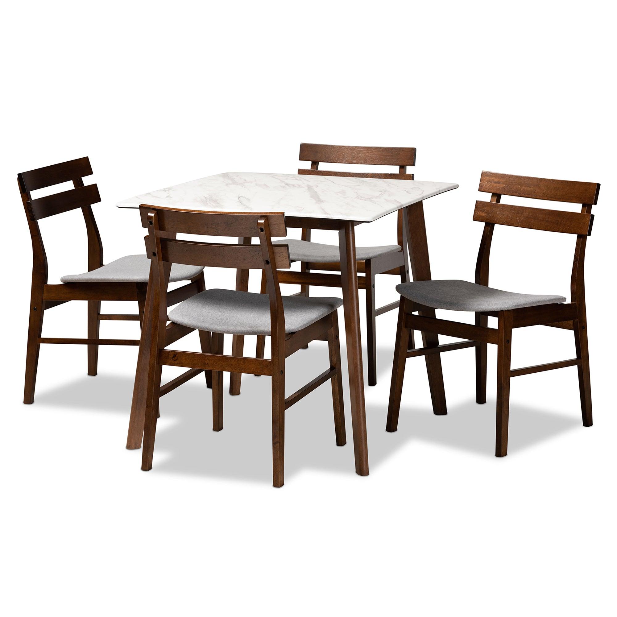 Richmond Mid-Century Modern Light Fabric Upholstered and Finished Wood 5-Piece Dining Set with Faux Marble Dining Table