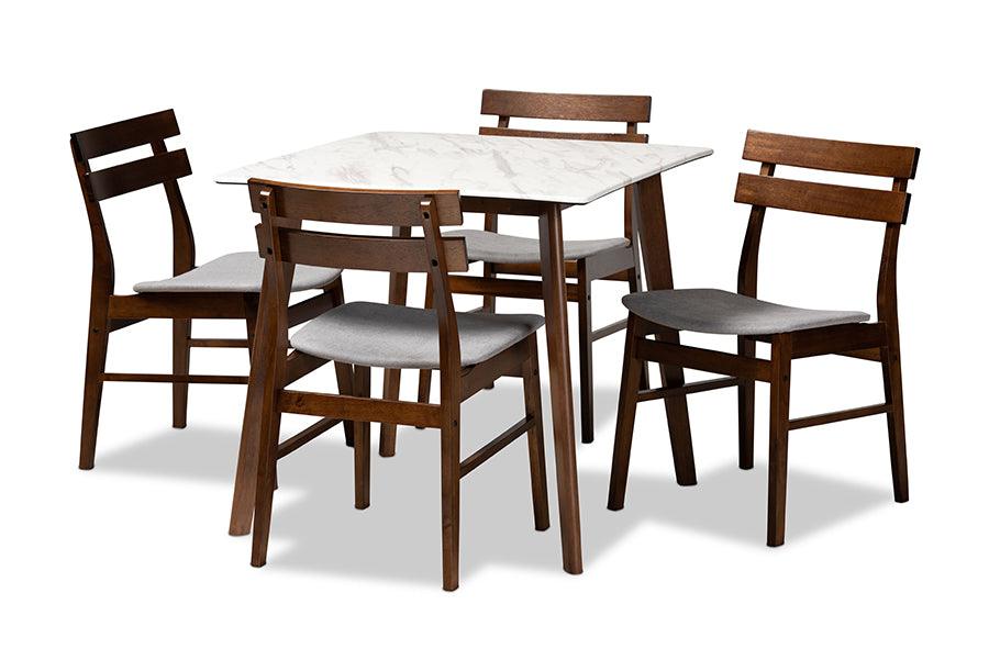 Richmond Mid-Century Modern Light Fabric Upholstered and Finished Wood 5-Piece Dining Set with Faux Marble Dining Table