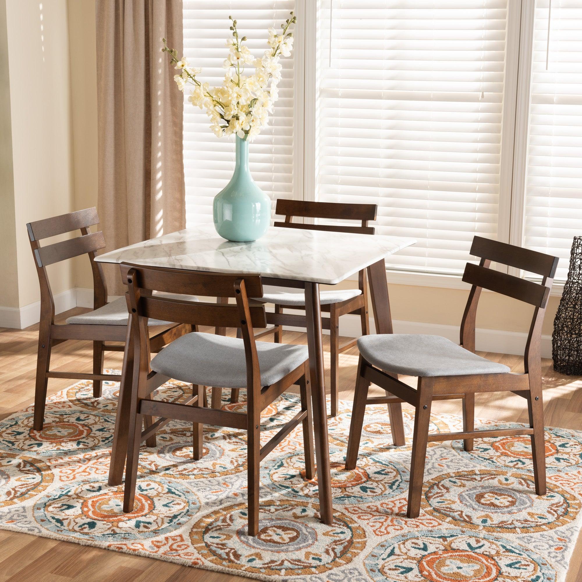 Richmond Mid-Century Modern Light Fabric Upholstered and Finished Wood 5-Piece Dining Set with Faux Marble Dining Table