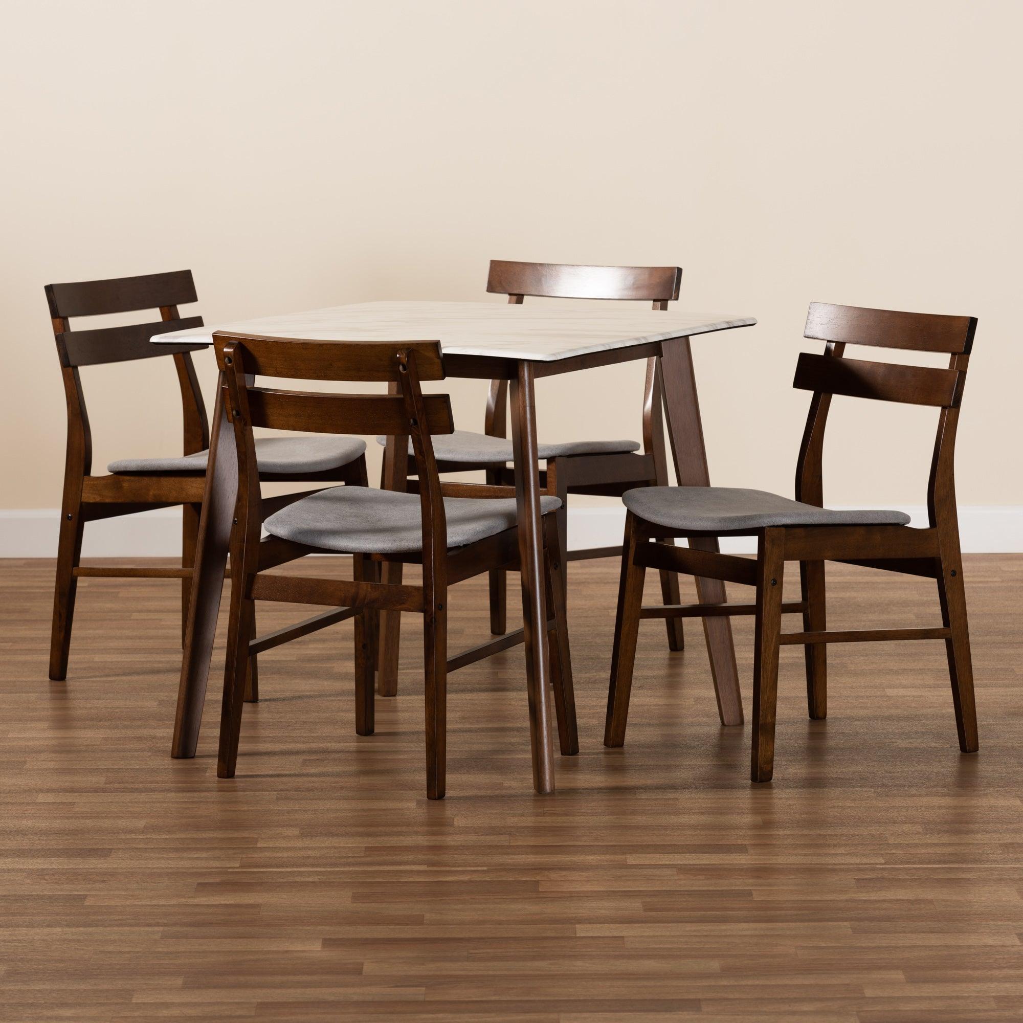 Richmond Mid-Century Modern Light Fabric Upholstered and Finished Wood 5-Piece Dining Set with Faux Marble Dining Table
