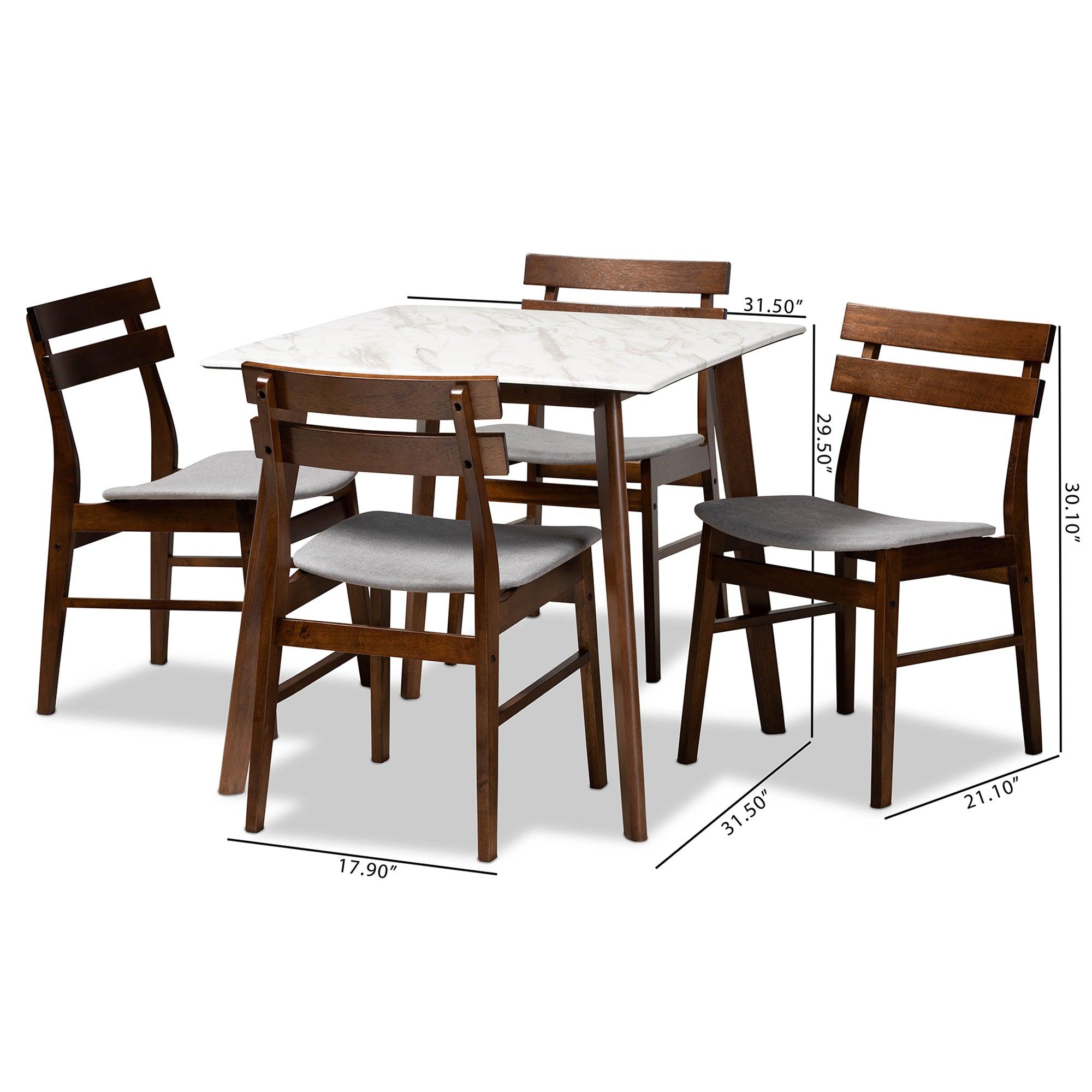 Richmond Mid-Century Modern Light Fabric Upholstered and Finished Wood 5-Piece Dining Set with Faux Marble Dining Table
