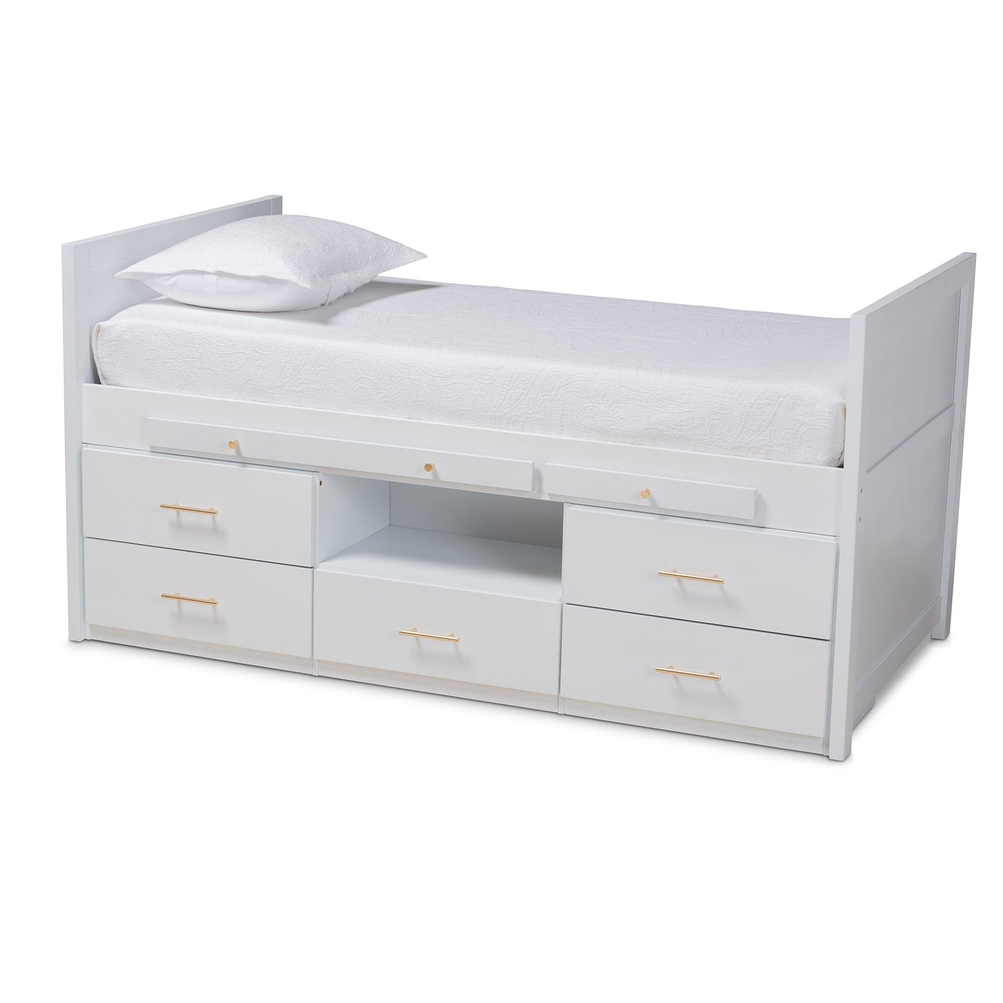 Mirza Modern and Contemporary Finished Wood 5-Drawer Storage Bed with Pull-Out Desk