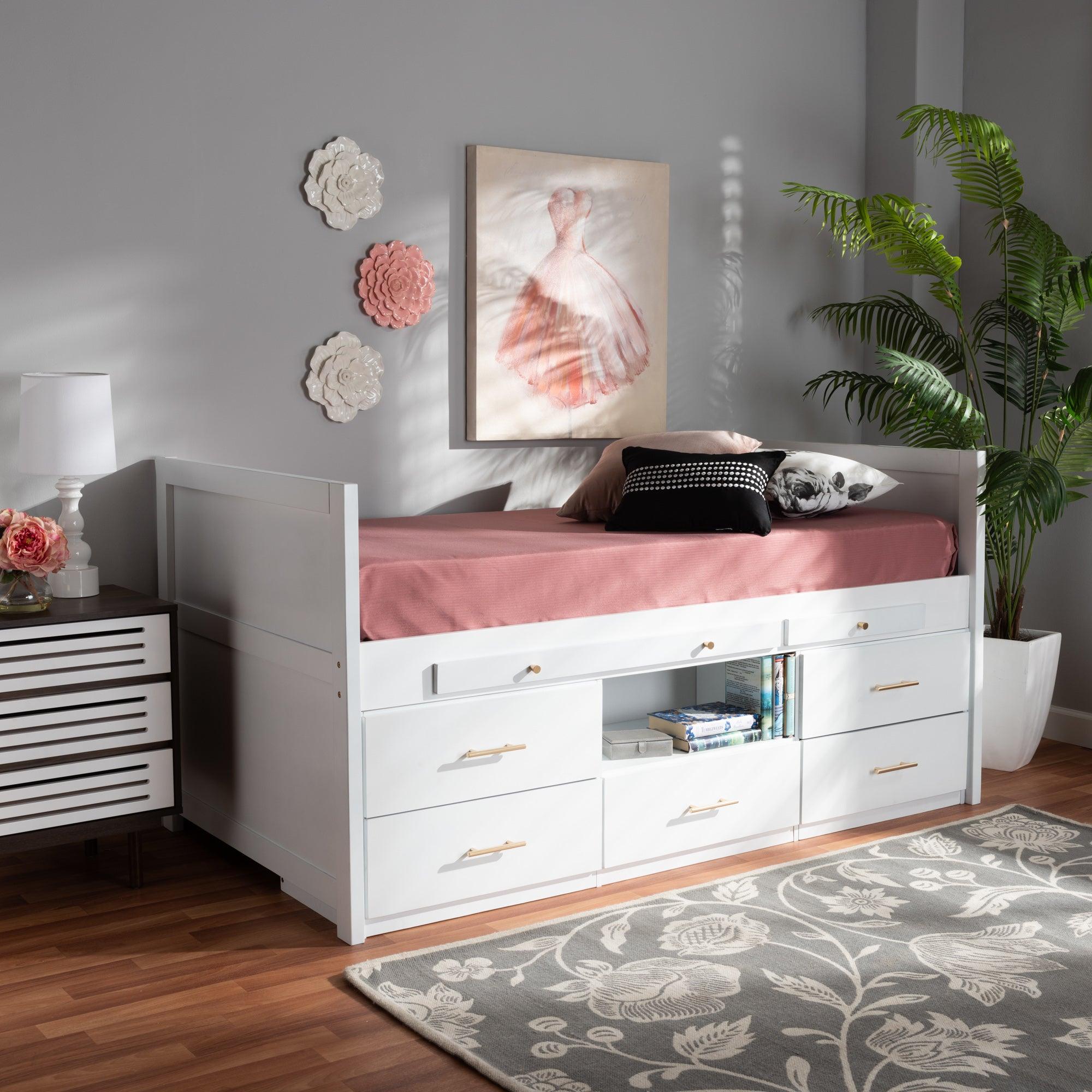 Mirza Modern and Contemporary Finished Wood 5-Drawer Storage Bed with Pull-Out Desk