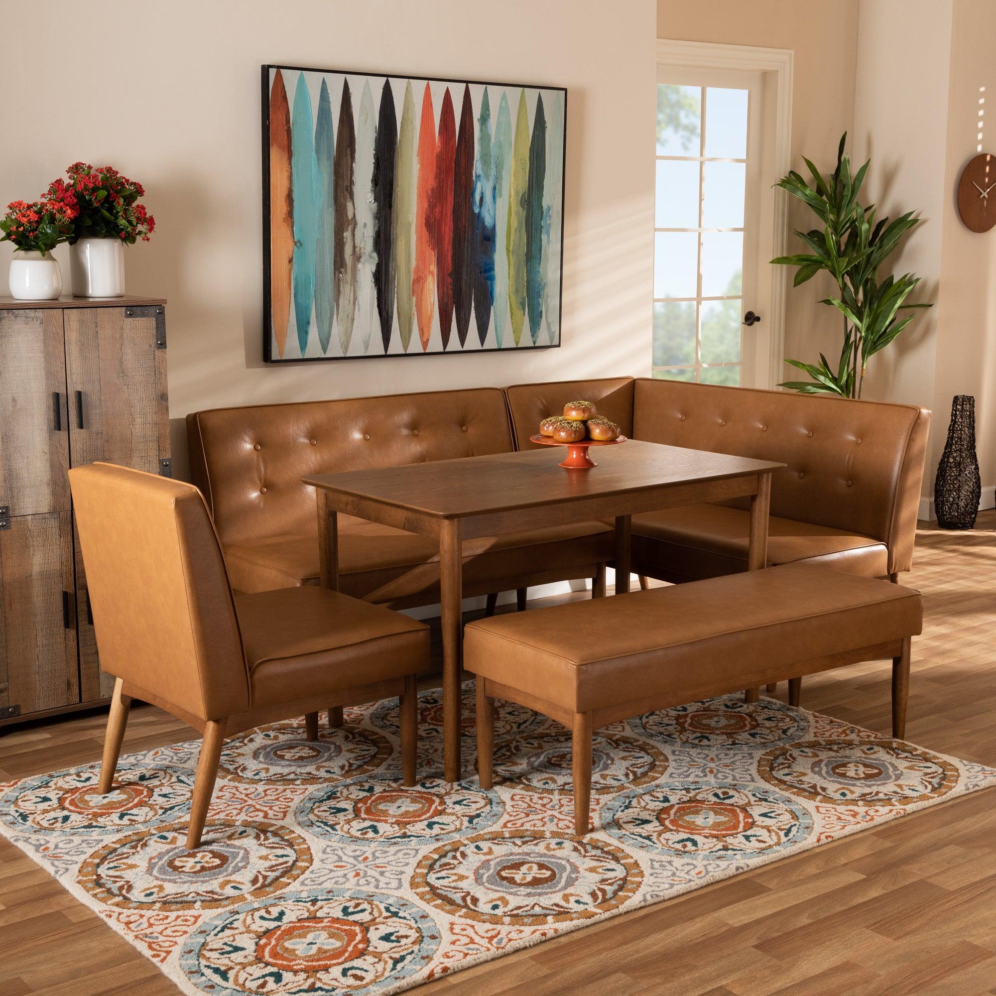 Arvid Mid-Century Modern Faux Leather Upholstered and Finished Wood 5-Piece Dining Nook Set